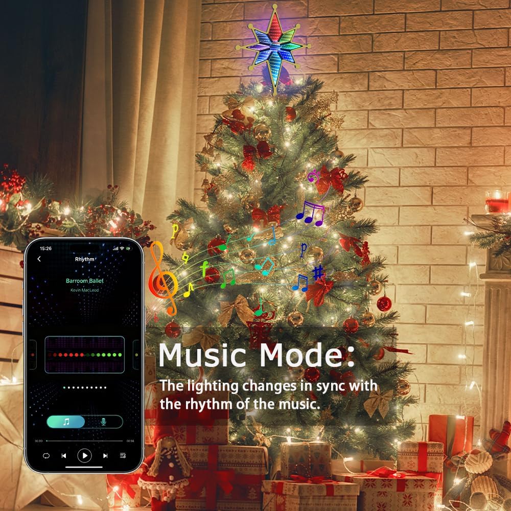 MEETYAMOR Christmas Tree Topper, 13" 130 LEDs RGB Color Change Lighted 8-Point Star Tree Topper, App, Remote & Touch, USB Powered 3D Infinity Mirror Music Sync Treetop Decorations for Xmas Party Gift