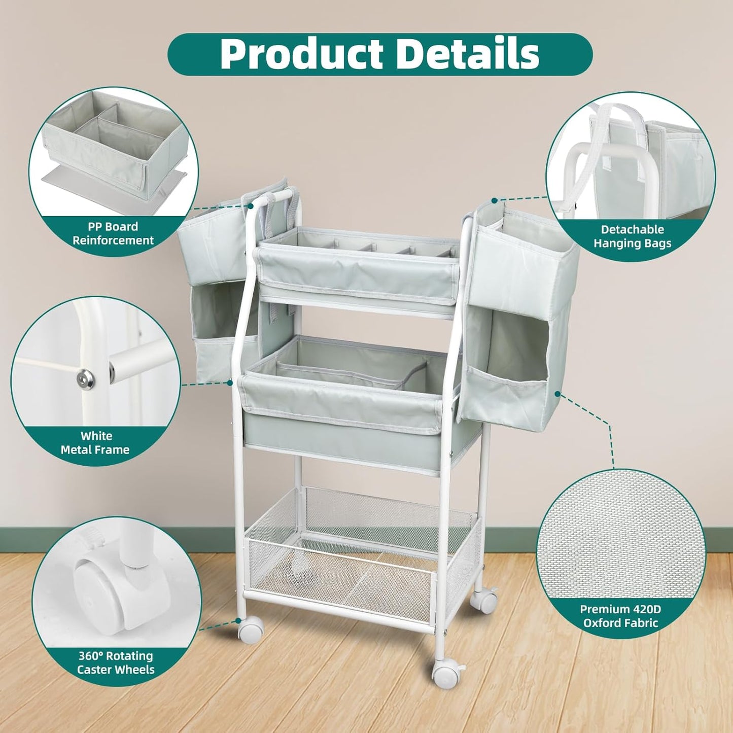 Moteph Rolling Utility Cart with Side Storage - Diaper Organizer, Nursery Essentials, and Craft Organizer (with_Side_Storage)