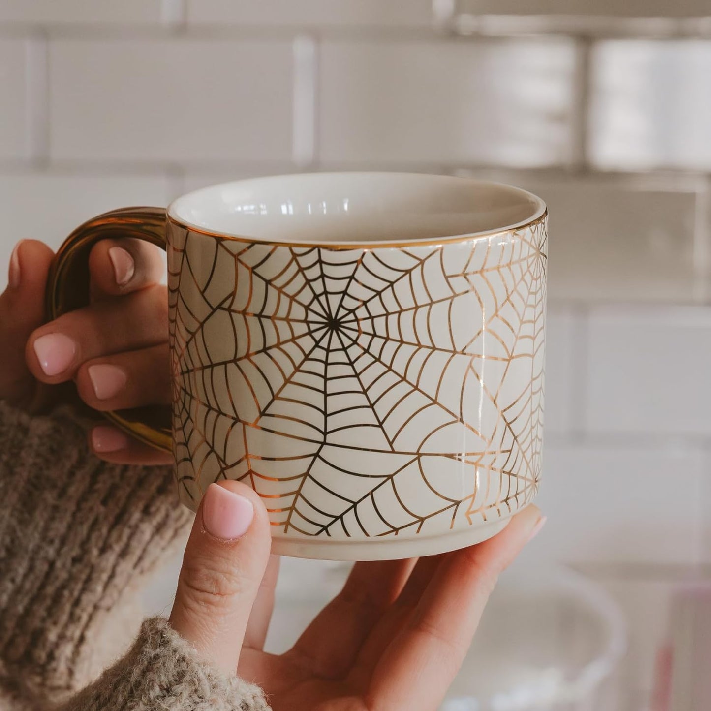 Sweet Water Decor Gold Spiderwebs Mug, 14oz Fine Bone China Coffee Cup with Gold Handle, Cute Halloween Decorations for Home, Spider Web Mug Fall Seasonal Decor, Spooky Season Gifts for Women