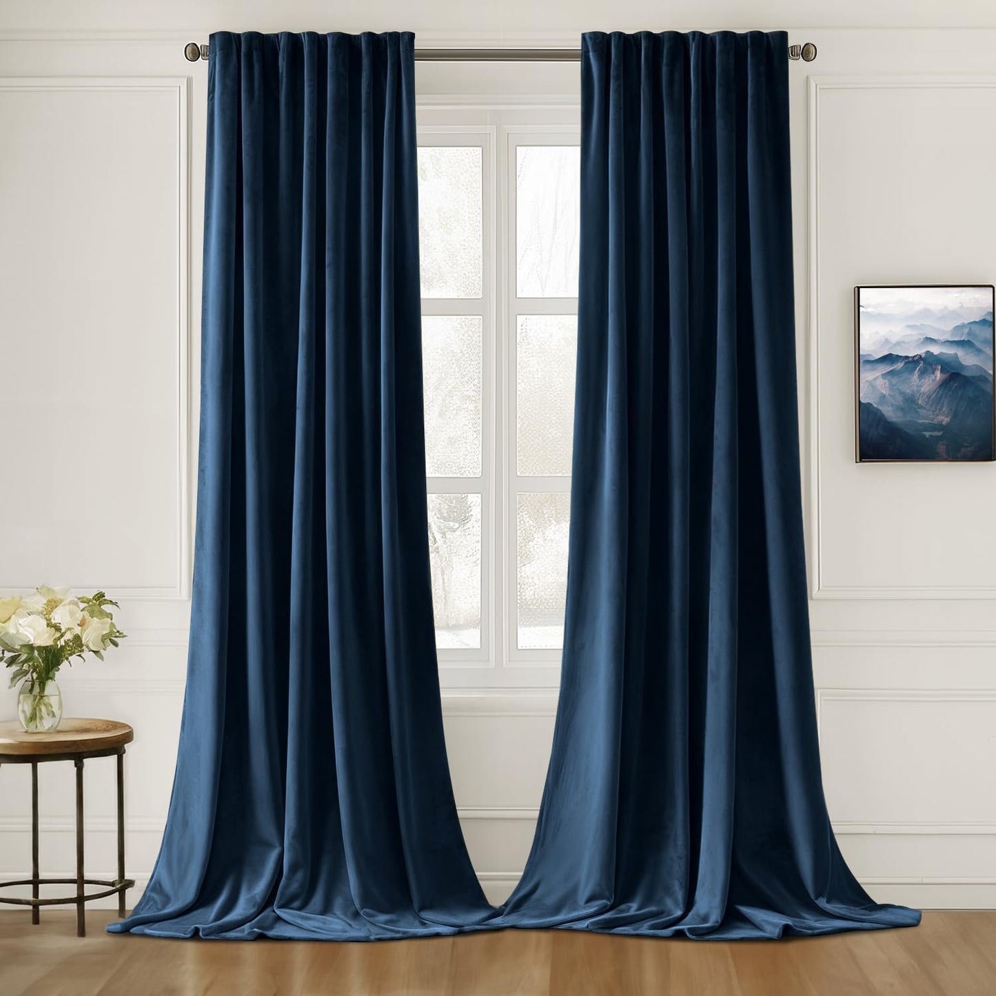 MIULEE Navy Blue Velvet Curtains 96 inches Long 2 Panels - Luxury Pinch Pleated Room Darkening Window Drapes for Bedroom Living Room Thermal Insulated Super Soft Blackout, Back Tab Rod Pocket