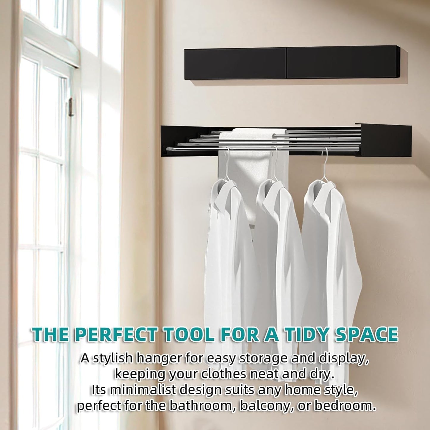 Laundry Drying Rack Collapsible, Wall Mounted Clothes Drying Rack. 39.37" Wide, 19.3 Linear Ft, 5 Aluminum Rods, with Wall Template, Screwdriver Bit (Black 1M)