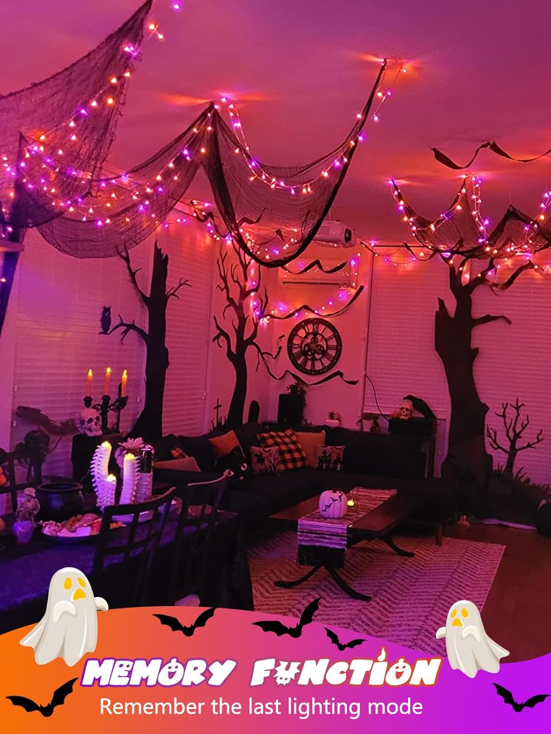 2 Pack Halloween String Lights Battery Operated with Timer, 66FT 200 LED Waterproof Orange and Purple Lights, Twinkle Fairy Light with 8 Modes for Indoor & Outdoor Party Bedroom Halloween Decorations