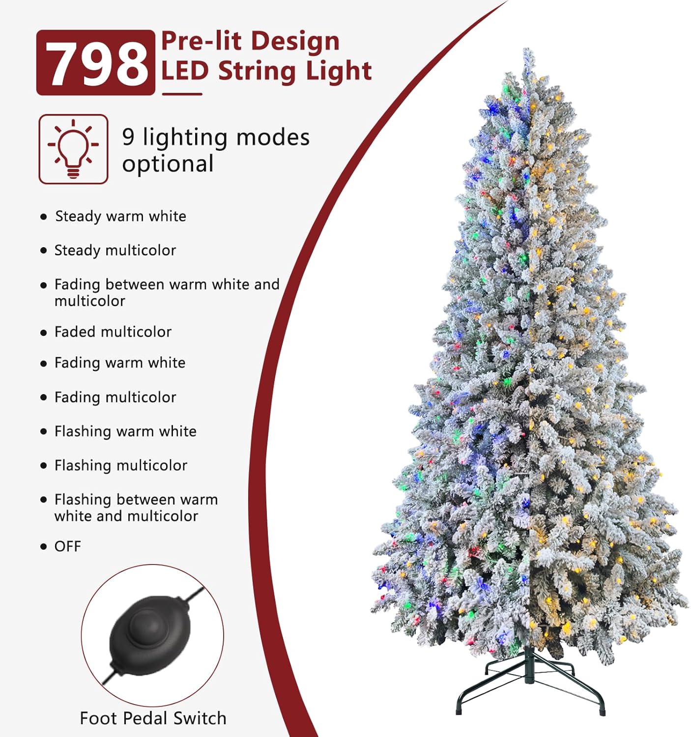 7.5ft Pre-lit Artificial Snow Flocked Christmas Tree with Quick Power Connect, 798 Warm White & Multi-Color LED Lights, and 1869 Branch Tips – Easy 3-Minute Setup Pencil Xmas Tree
