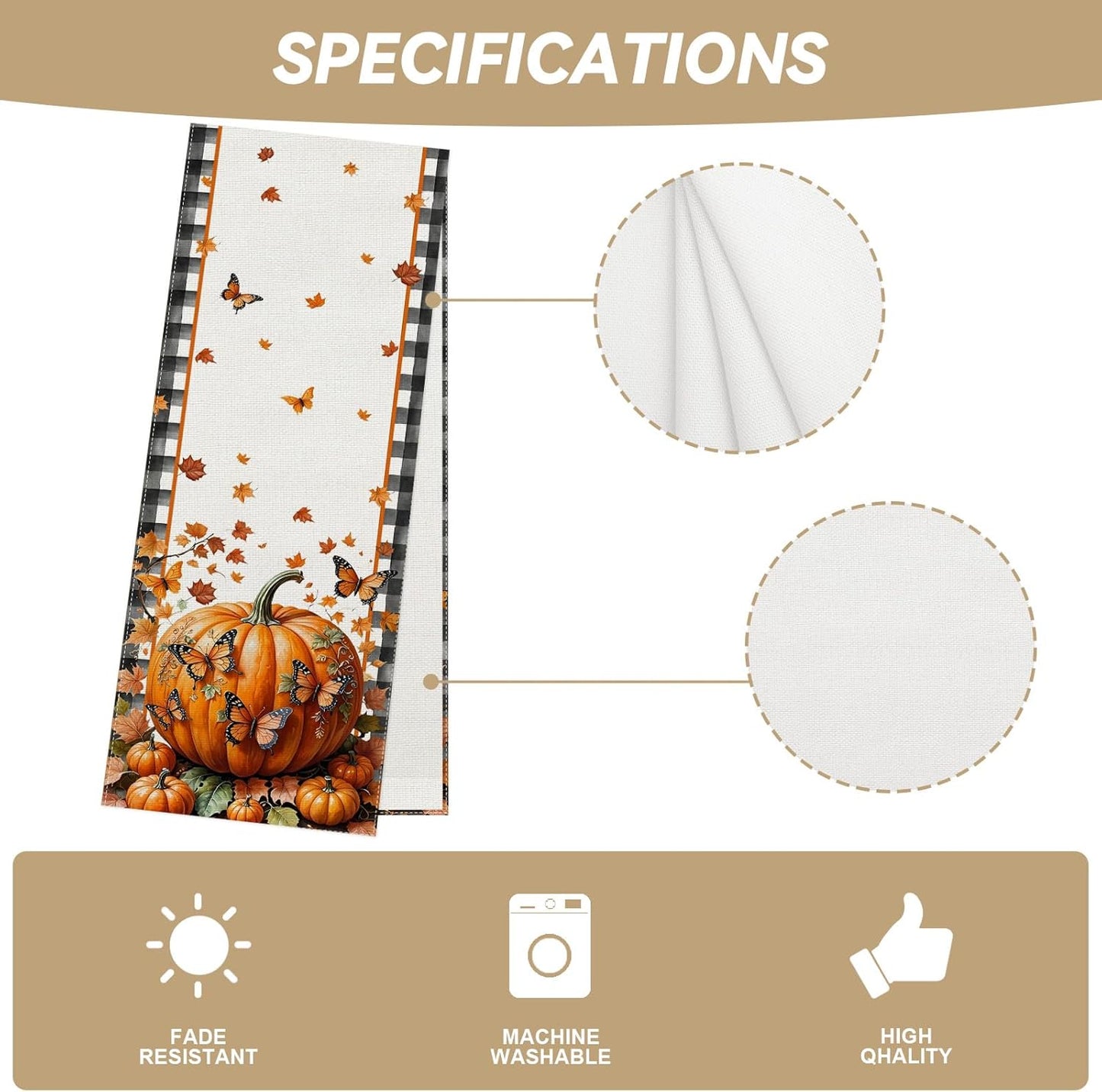 Linen Black and White Buffalo Check Plaid Fall Table Runner 48 Inches Long, Fall Leaves Pumpkin Butterfly Home Kitchen Table Decor, Farmhouse Autumn Thanksgiving Harvest Festival Decorations for Home