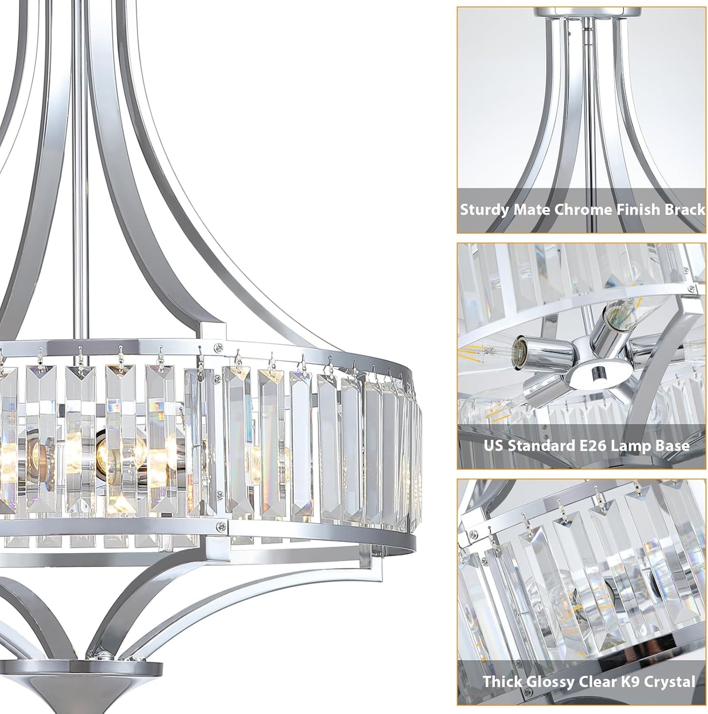 Modern Chrome Crystal Chandelier, 20 Inch Large Ceiling Pendant Light Fixture with 50'' Adjustable Hanging Chain, 5-Light Farmhouse Chandelier for Dining Room, Living Room, Bedroom, Entryway