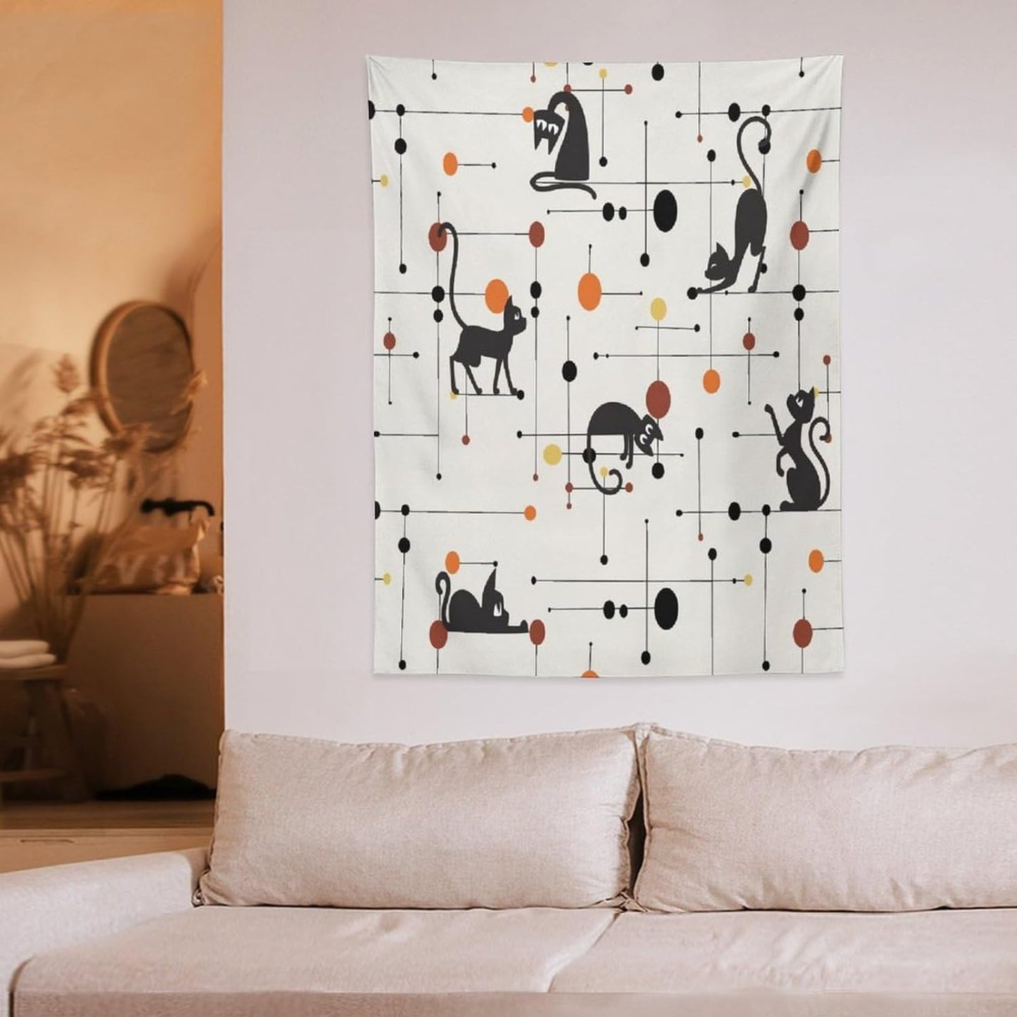 ICMOLYYENLO Abstract Cat Tapestry, Medieval Abstract Atomic Star Cat Vintage Home Wall Hanging Art Tapestry for Bedroom Living Room Dormitory 30x40 Inch