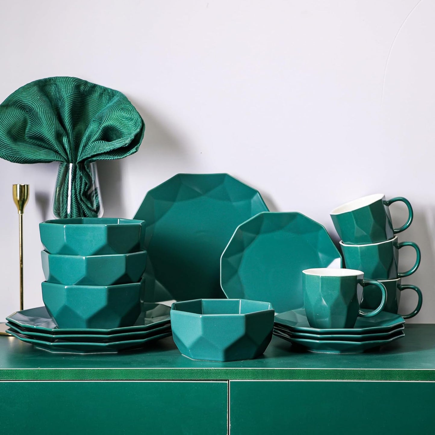 Stone + Lain Jamie Porcelain 32-Piece Geometric Dinnerware Set, Green