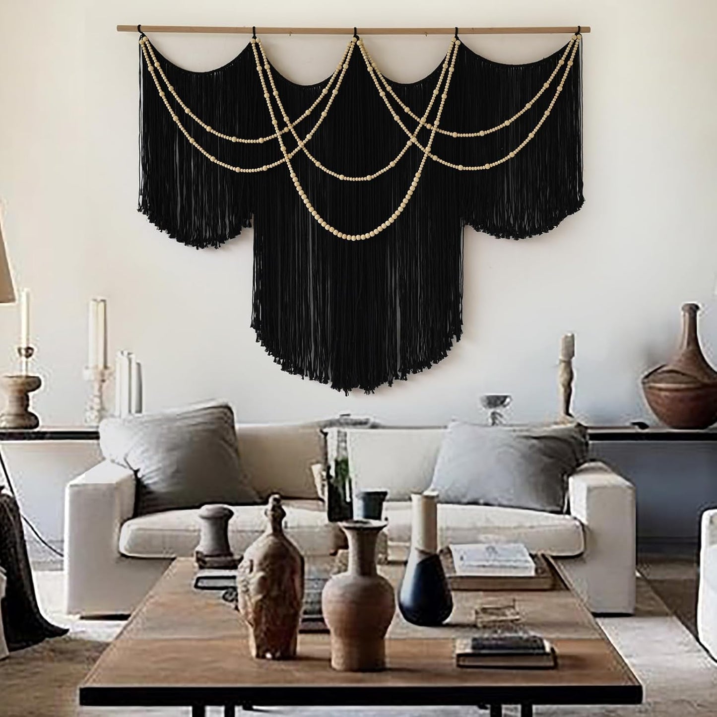 Macrame Wall Hanging Black Yarn Tapestry Home Decor Large Fiber Wall Art Living Room Bedroom Home Wall Decor 57" W x 43" L