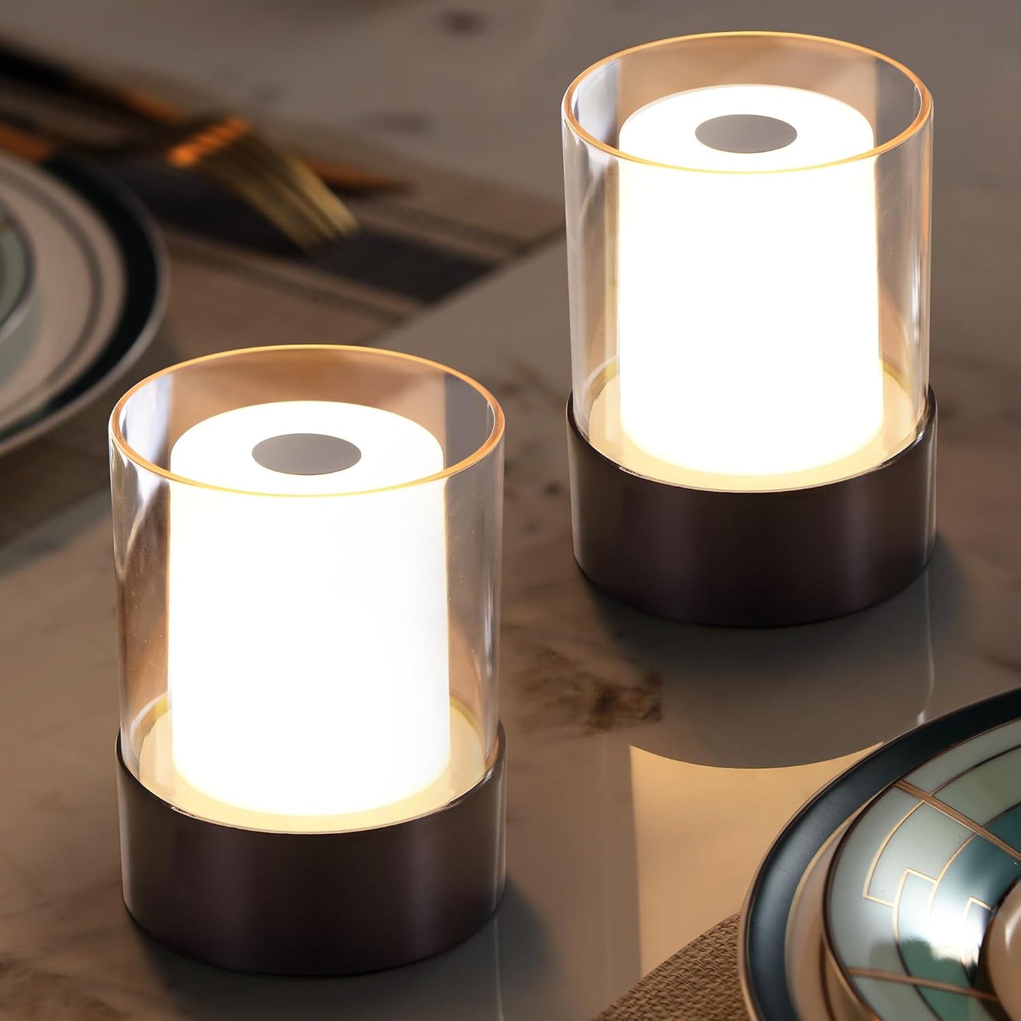 LED 4" Mini Cordless Table Lamp 2 Pack, Outdoor Waterproof Lamp, Rechargeable Battery Operated Lamp, Portable Touch Night Light for Dining Room, Camping, Nursery, Baby, Bar, Party (Black)