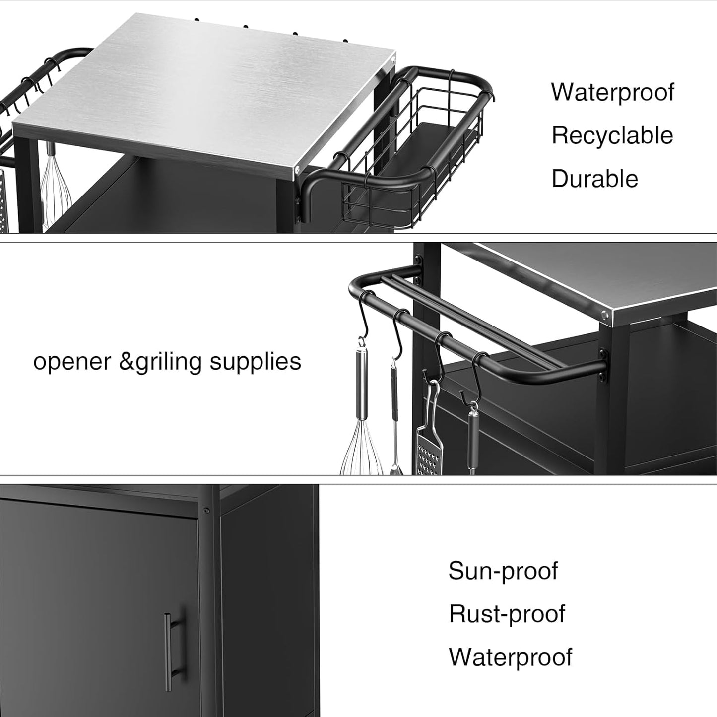 Outdoor Grill Cart with Storage Cabinet, Prep Table with Stainless Steel, BBQ Tables Cart Portable Patio Bar with Lockable Wheels, Movable Kitchen Island for Outside Backyard Patio