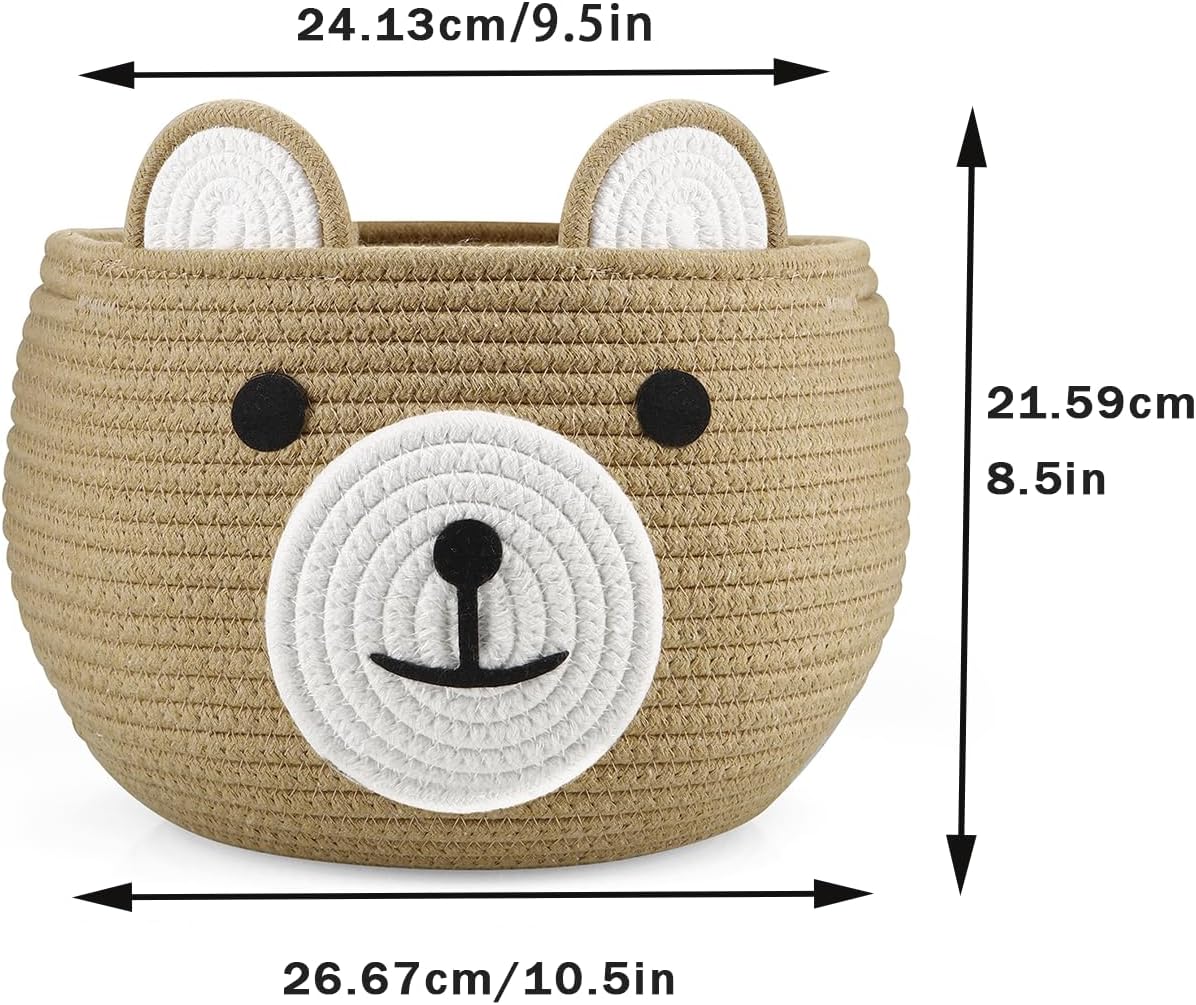 PandaEar Cotton Rope Baby Basket, Baby Gift Basket Nursery Laundry Organizer with Cute Bear Design for Storage Infant Newborn Essentials, Diaper Caddy with Handle (Brown)