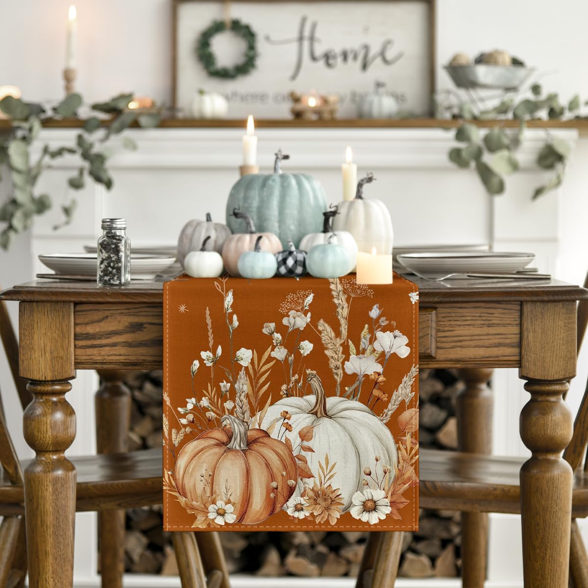 Artoid Mode Orange Pumpkins Leaves Flowers 210 GSM Fall Table Runner, Seasonal Autumn Kitchen Dining Table Decoration for Home Party Decor 13x108 Inch