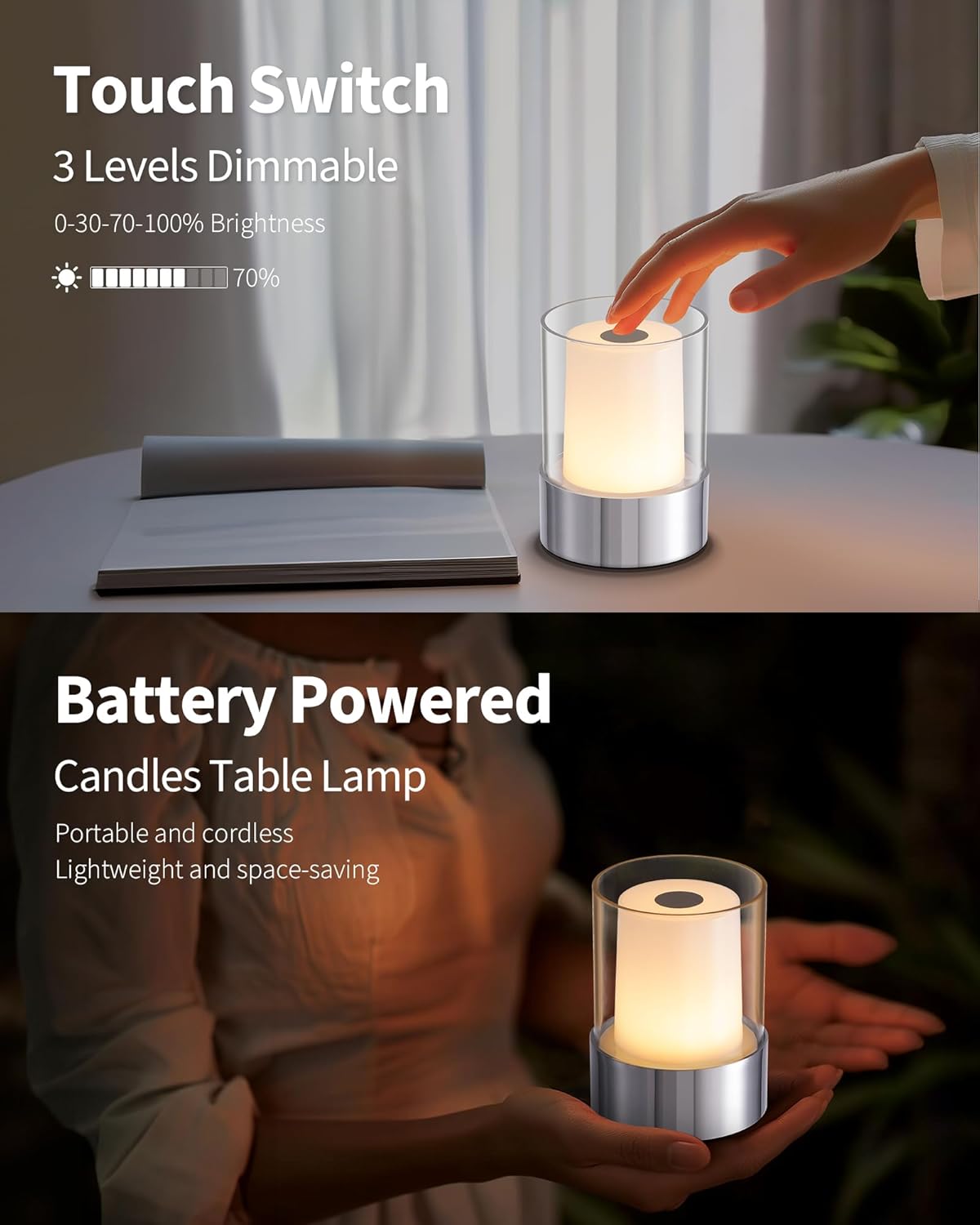 LED 4" inch Touch Night Light for Nursery Baby Kids Set of 2 (Chrome), Small Outdoor Waterproof Lamp for Bathroom Camping, Rechargeable Cordless Table Lamp for Bar Bedside Restaurant Gifts