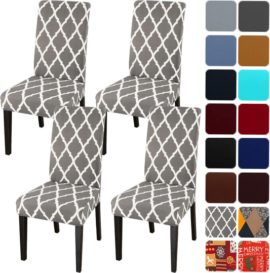 JQinHome Dining Chair Covers Set of 4, High Stretch Removable Washable Parsons Chair Slipcover for Home Party Hotel Wedding Ceremony (Grey White)