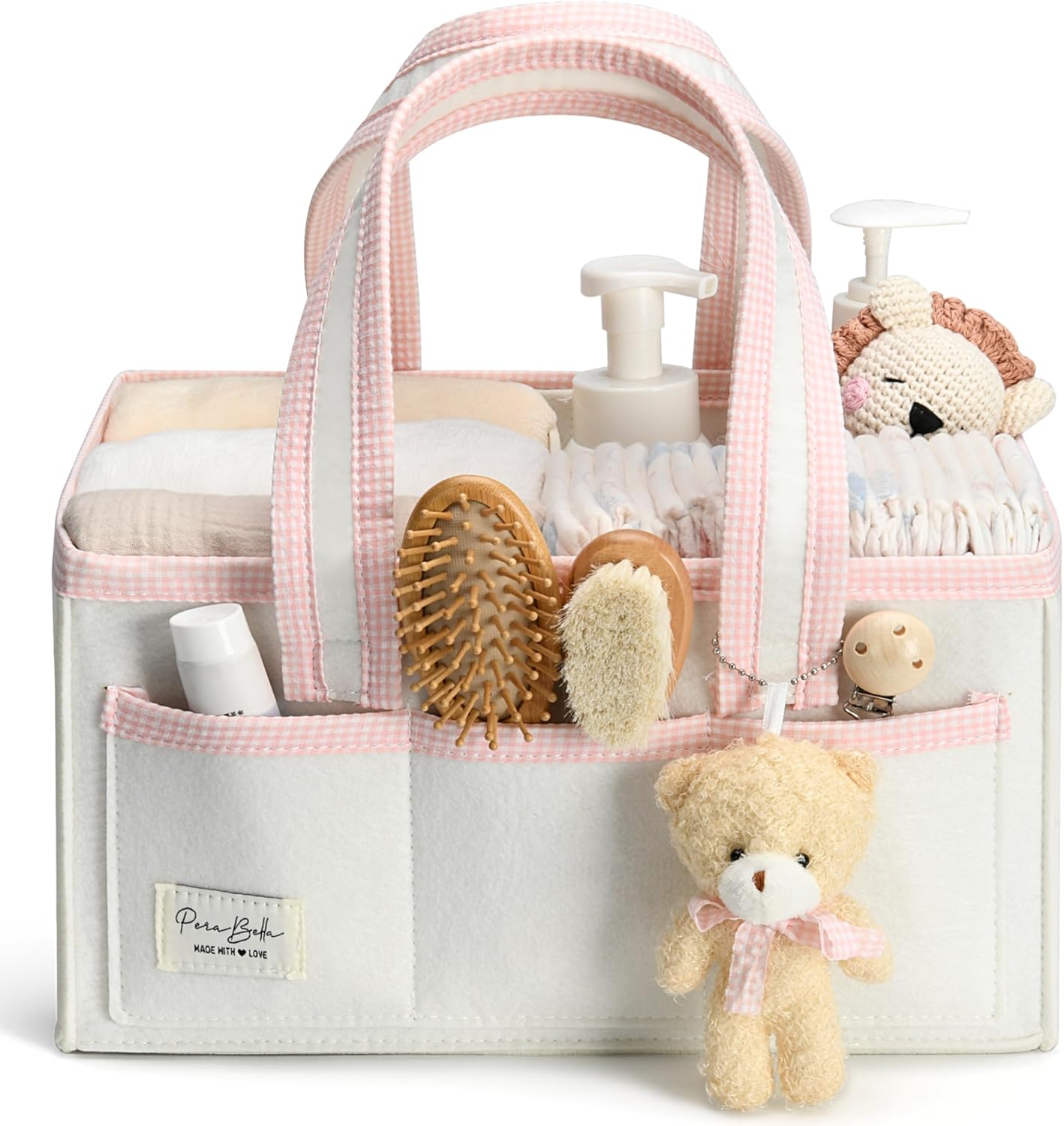 PeraBella Diaper Caddy Organizer with Handle, Baby Shower Gifts Basket Bag, Registry Search Must Haves Items, Nursery Storage Organizer for Newborn Girl Boy, Baby Bag Essentials, Car Diaper Caddy Cart