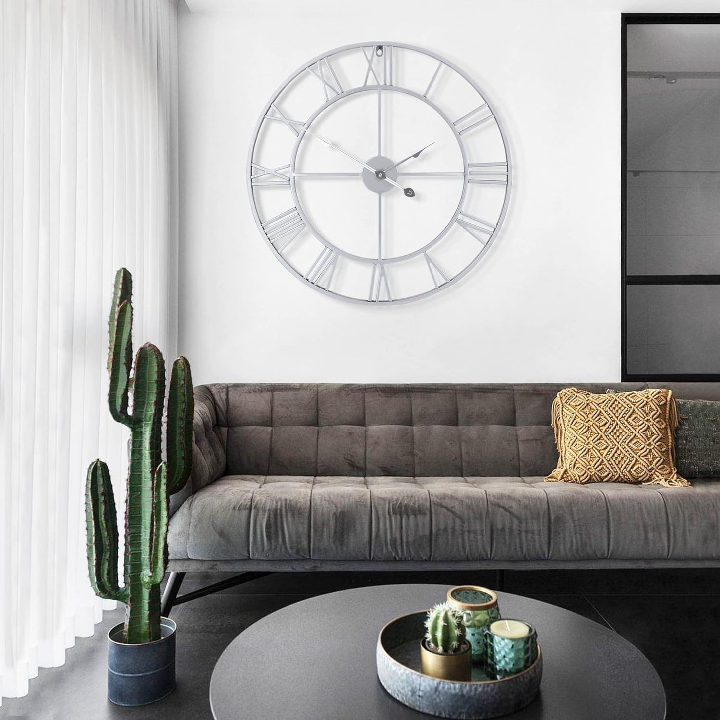 LEIKE 32" Large Modern Wall Clocks,Vintage,Round,Nearly Silent,Little Ticking,Battery Operated,Silver Metal Roman Numerals Clock for Living Room/Bedroom/Kitchen Wall Decor