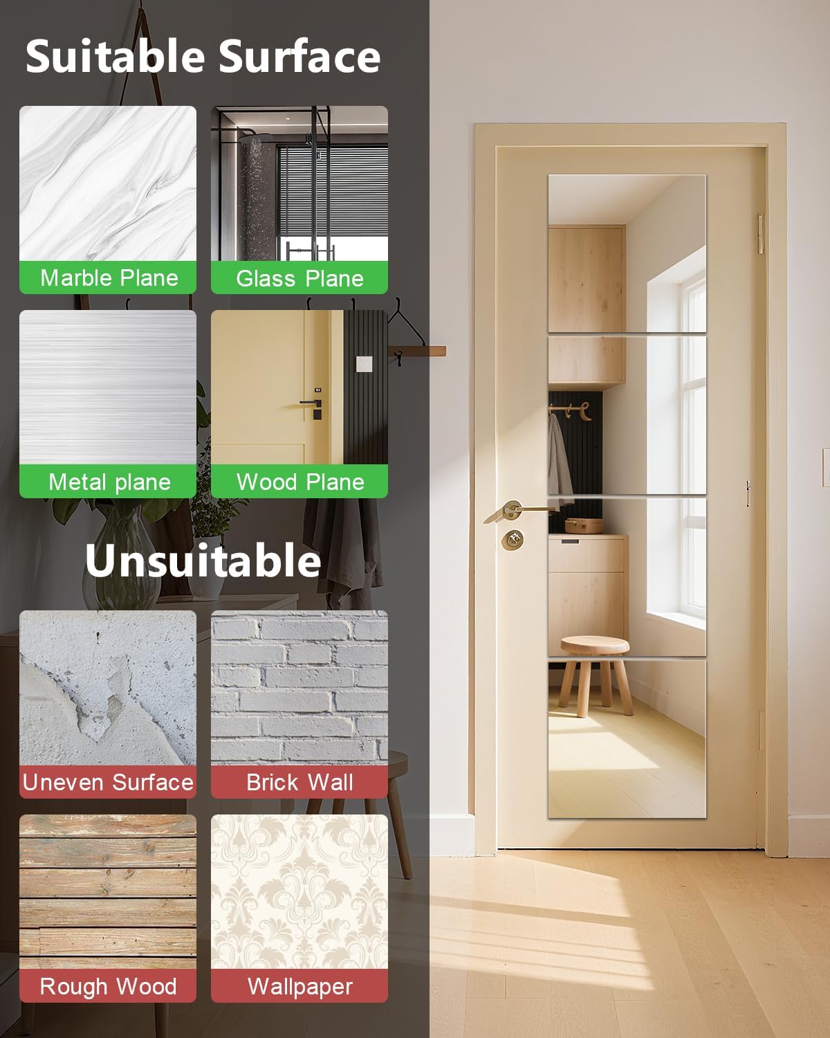 Full Length Wall Mirror Tiles, 12'' x 12'' x 4PCS, Acrylic Unbreakable Full Body Mirror for Bedroom Squares Shatterproof Mirror Sheets Wall Mounted for Home Gym Door Plexiglass Mirrors Safe for Kids