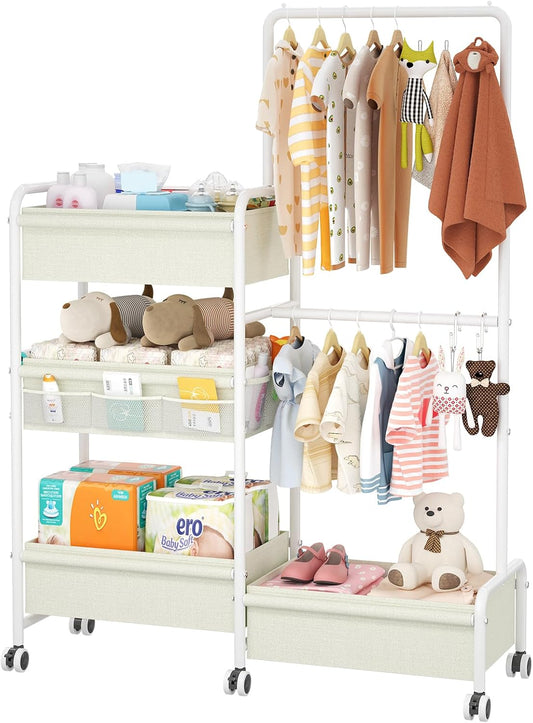 2in1 Baby Diaper Caddy & Clothes Organizer and Storage Rolling Cart, Large Capacity Nursery Organization For Baby Dresser,Changing Table, Crib, With 2 Dividers & 7 Pockets,White
