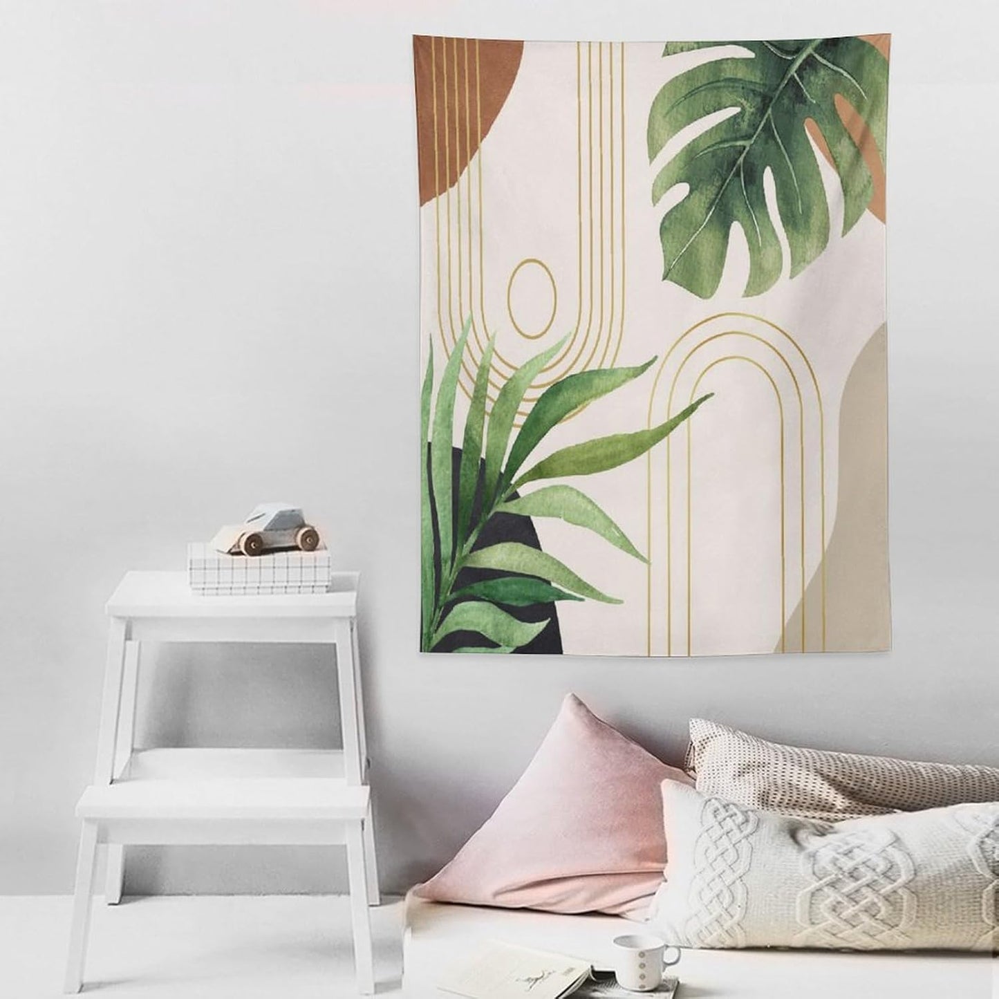 Abstract Boho Tapestry, Mid Century Tropical Tree Leaves Modern Geometric Arch Bohemian Botanical Tapestry, Home Aesthetic Wall Hanging Art Decor for Living Room Bedroom Dormitory 60x60 Inch