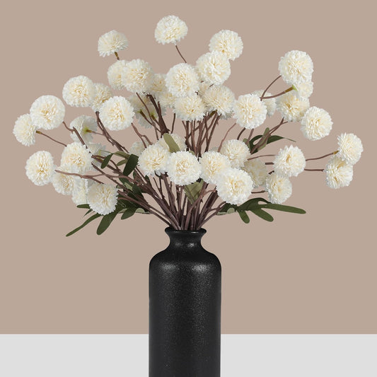 Faux White Kiku Flowers 10 Stems & 2 Eucalyptus, Fake Mums Pompon Flower Ball, Autumn Artificial Chrysanthemums Flowers for Boho Bedroom Decor, Silk Mini Faux Kiku Flower Wedding Arrangements Decor