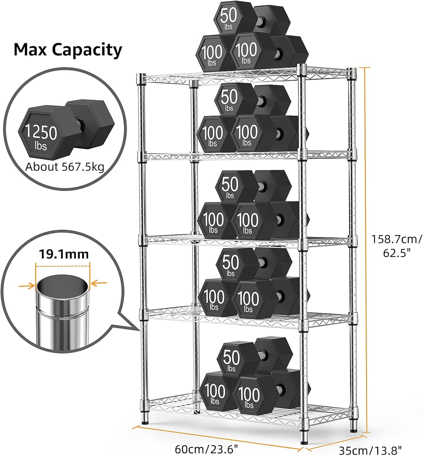 1250 lbs Steel Heavy Duty 5-Tier Utility Shelving Unit Steel Organizer Wire Rack for Home,Kitchen,Office,Chrome (13.7" D x 23.6" W x 62.4" H)