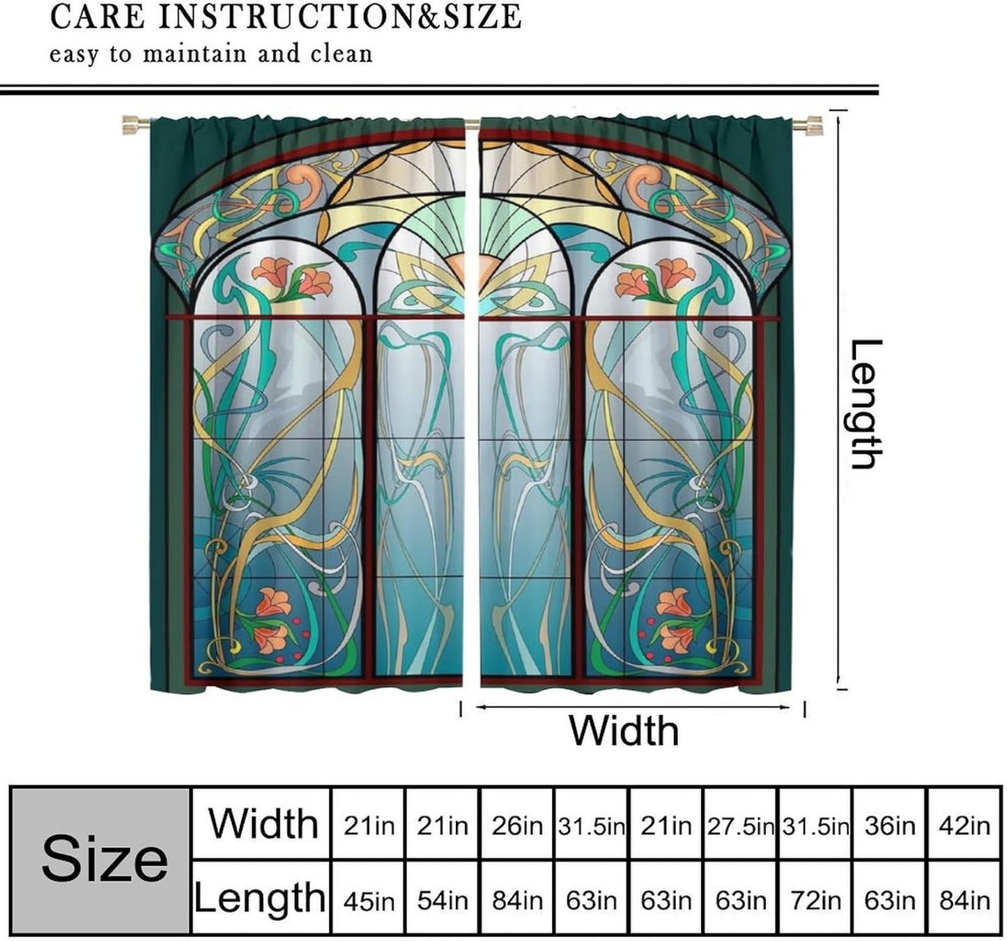 Stained Glass Curtains, Retro Mid Century Boho Abstract Art Home Decor Drapes for Bedroom Living Room Kitchen Window Treatment 2 Panels Set Total Size 63" W X 63" L Inch