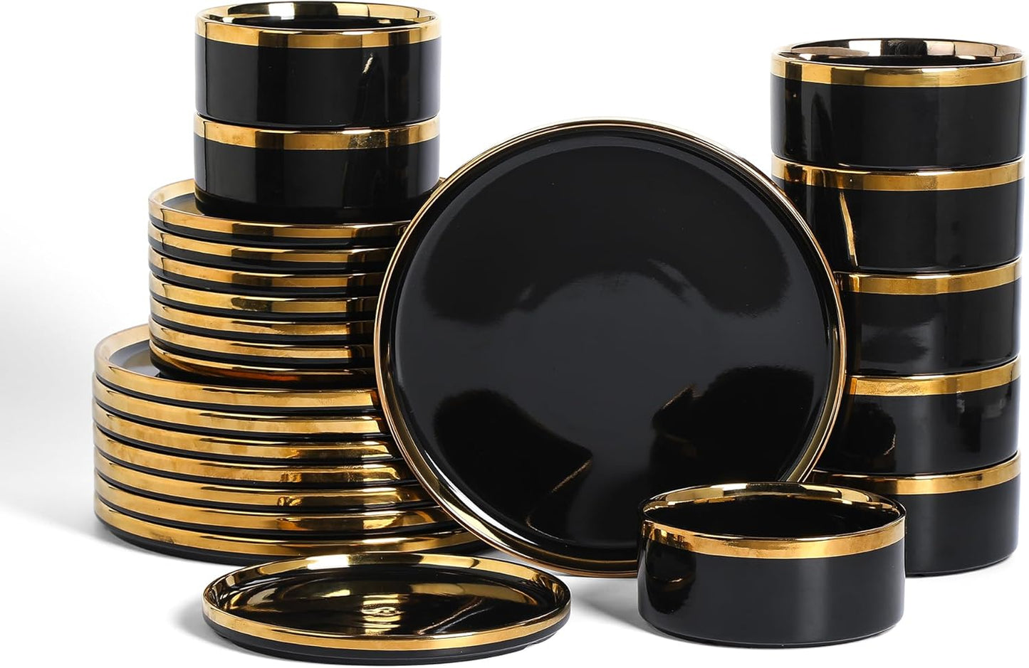 Christian Siriano Solene Stoneware Dinnerware, 24-Piece Plates and Bowls Set, Dish Set for 8, Black with Gold Rim, Glossy Finish, Hand Wash Only