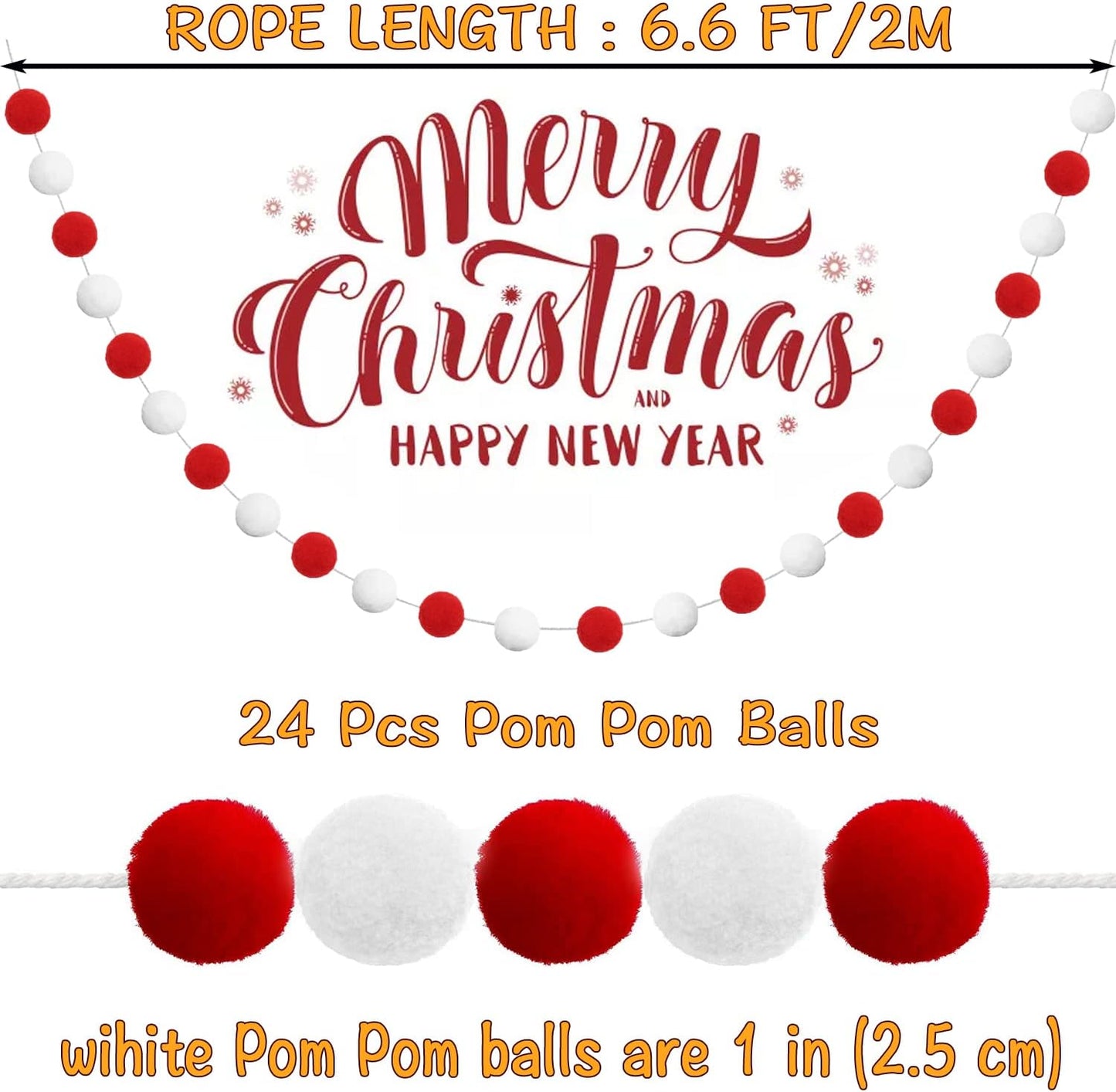 Jishi 3-Pack Pom Pom Garland Red and White Felt Ball Ornament Garland Christmas Decorations, Cute Pompom Strings for Christmas Tree Decor, Xmas Holiday Party, Birthday Banner - 6.6 Feet Long, 24 Balls