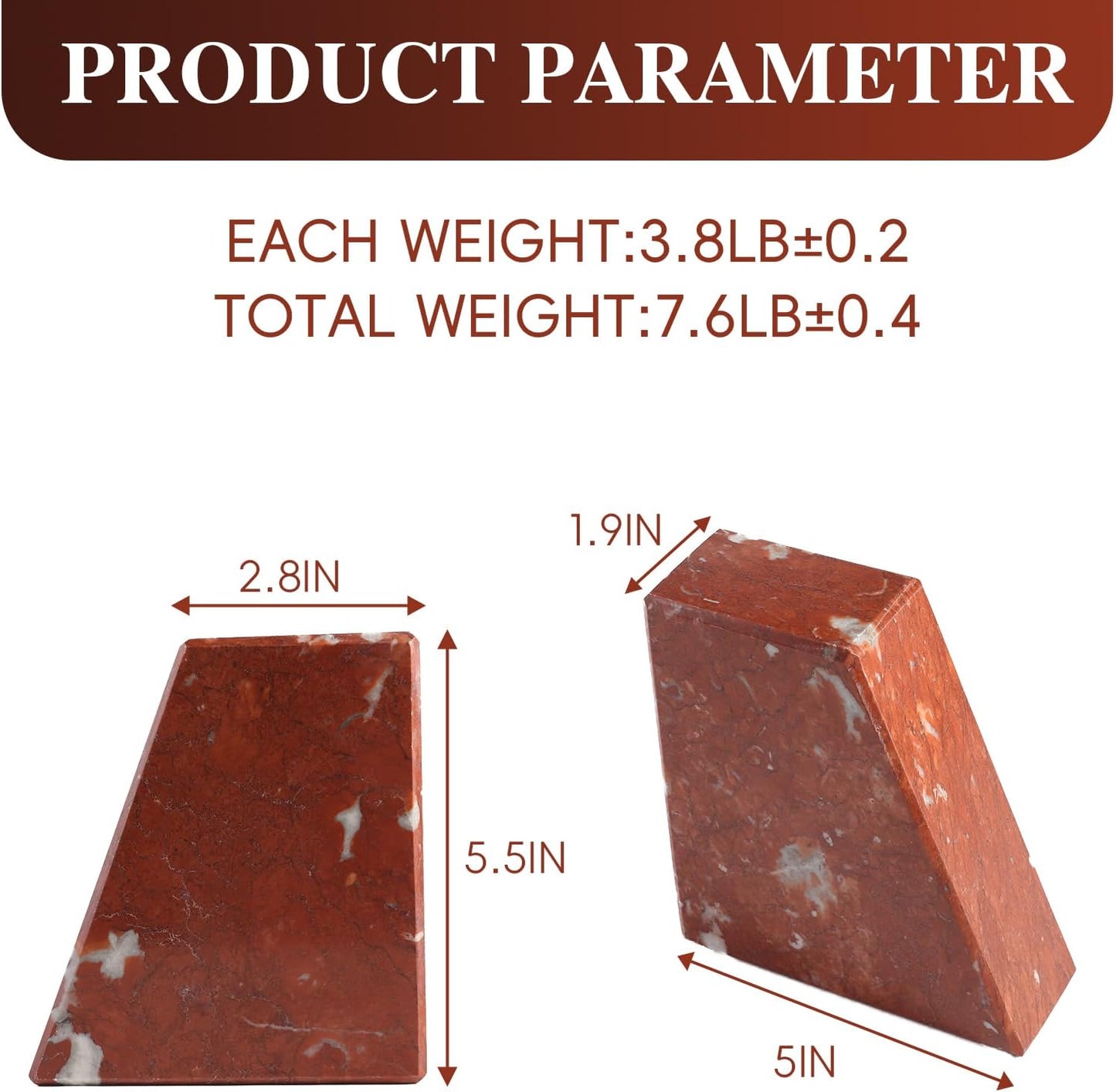 Marble Bookend for Heavy Books, Decorative Bookends for Shelves, 7.5LB Durable and Heavy-Duty Book End for Hardback Book & CDS, Unique Book Stopper & Holder, Rosso Francia, Set of 2