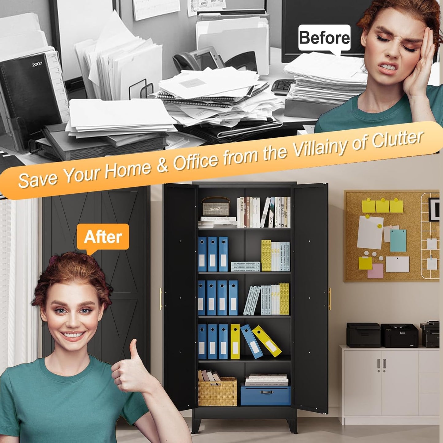 71" H Metal Kitchen Pantry Storage Cabinet, Freestanding Cupboard with 2 Doors and 4 Adjustable Shelves, Standing Storage for Kitchen, Bathroom, Garage, Dinning Room or Utility Room（Black）