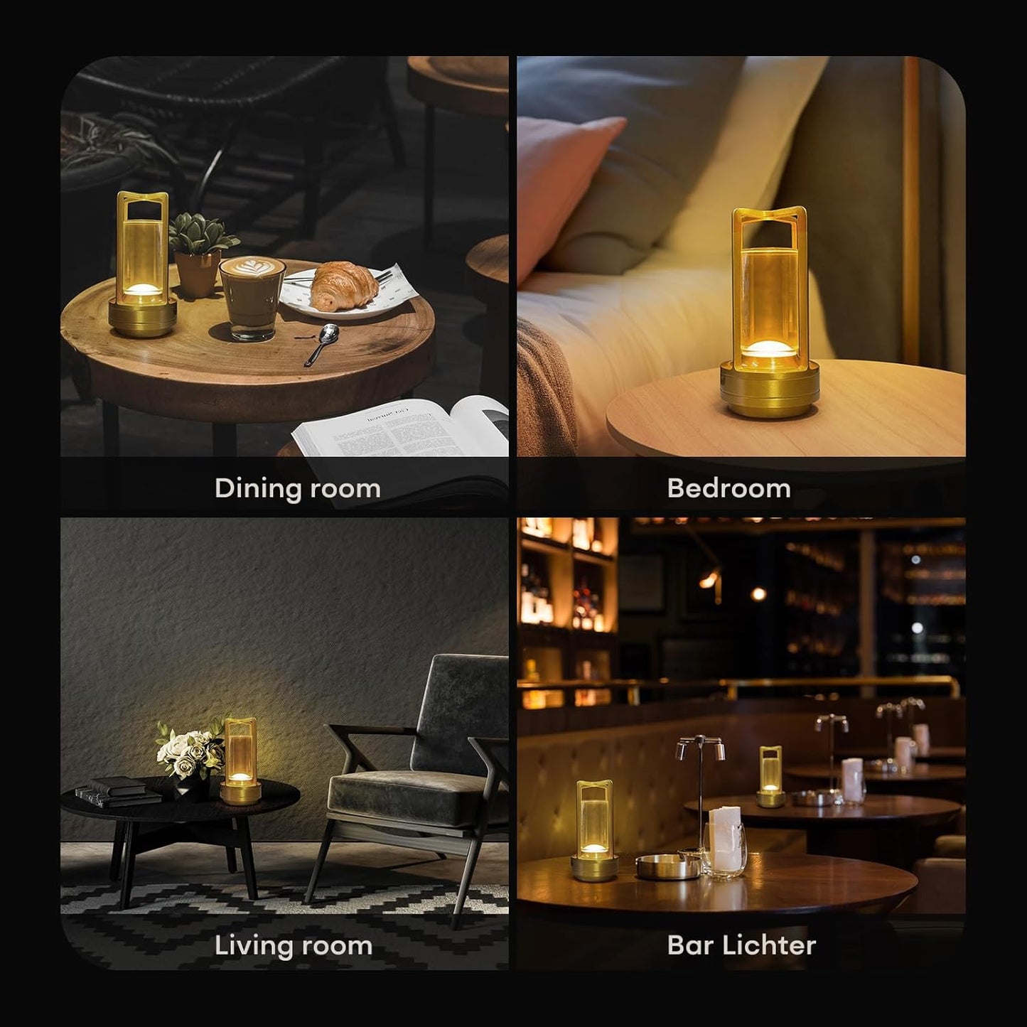 Portable Metal Table Lamp for Indoor/Outdoor ,Rechargeable Cordless LED Lamp, 3-Colour Infinitely Dimming Battery Powered Small Desk Lamp, Restaurant/Bedroom/Bar/Coffee/Camping Light (Gold Set of 2)