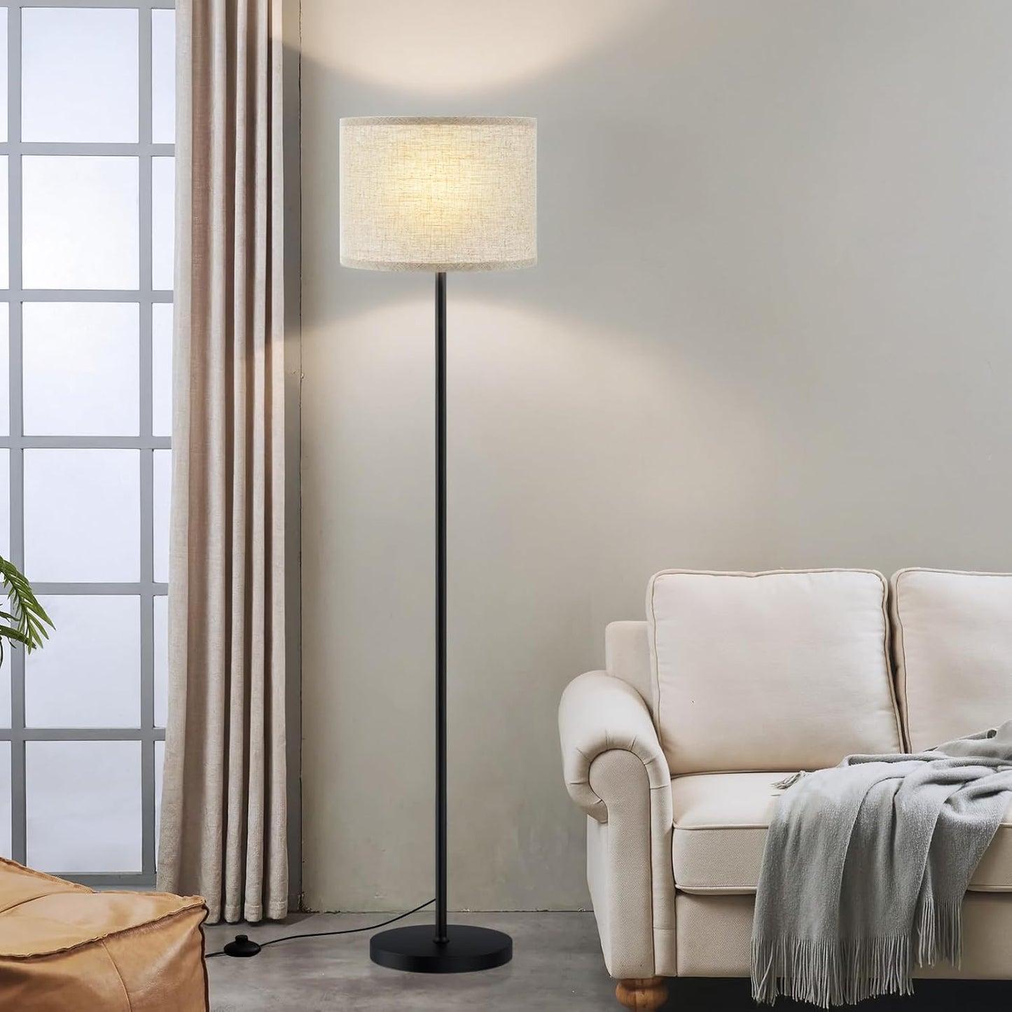 Ambimall 60'' Modern Floor Lamp with Shade, Tall Lamps for Living Room, Bedroom, Office, Dining Room, Beige Shade with Black Pole(Without Bulb)
