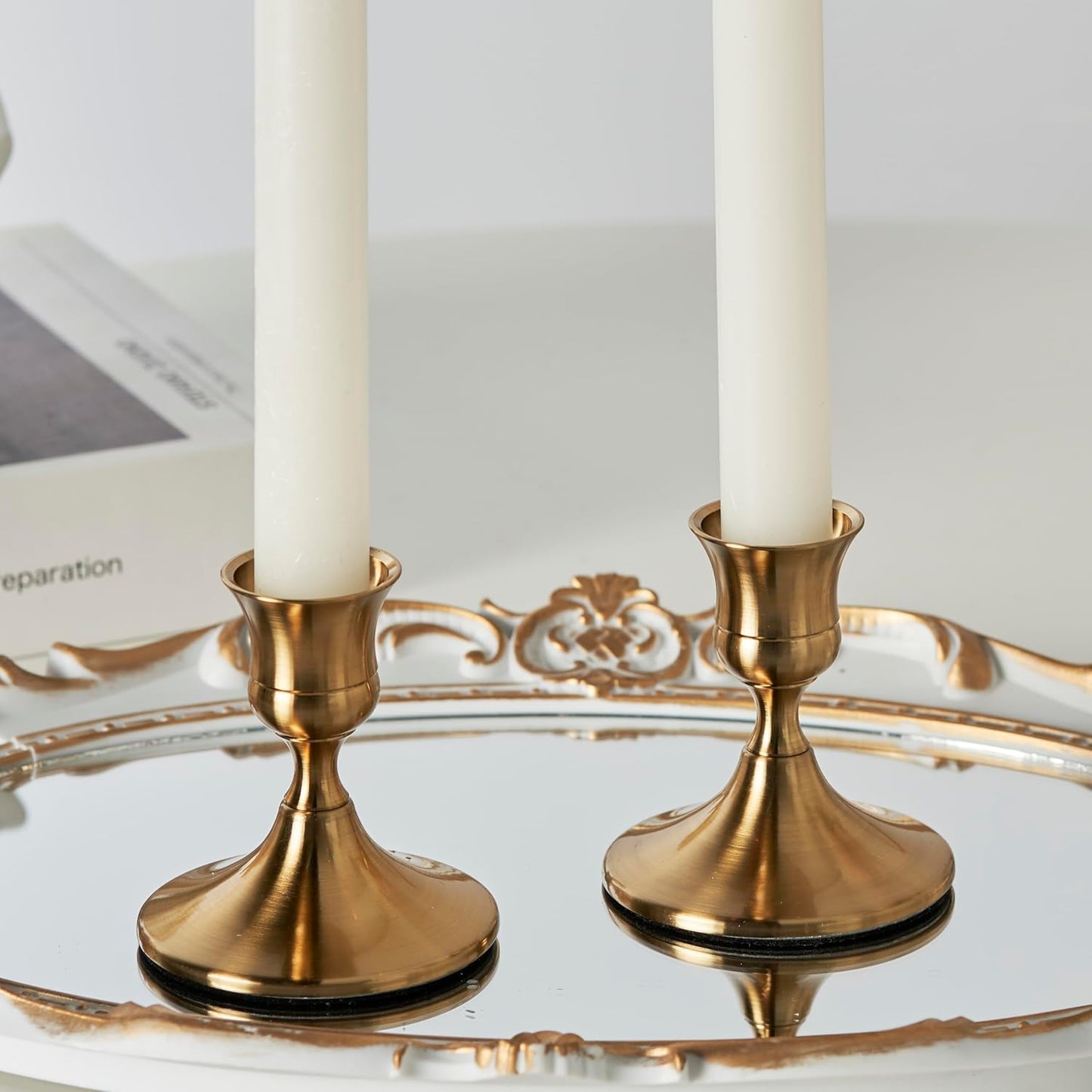 Gold Taper Candle Holder, Brass Candlestick Holders, Vintage Metal for Table Centerpieces Wedding Christmas Decor (Gold, 2 Pcs)