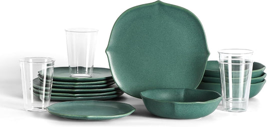 Stone Lain Baskerville 16-Piece Dinnerware Set Stoneware, Borosilicate Glass, Green