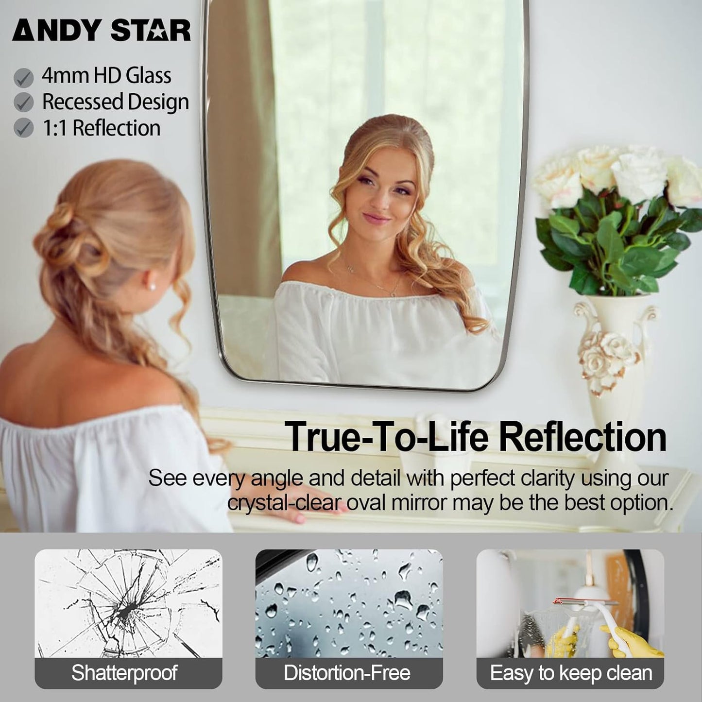 ANDY STAR Brushed Nickel Mirror, 30x48’’ Brushed Nickel Bathroom Oval Mirror with Stainless Steel Metal Frame, Silver Oblong Mirrors Wall Mounted for Bedroom, Living Room Decor
