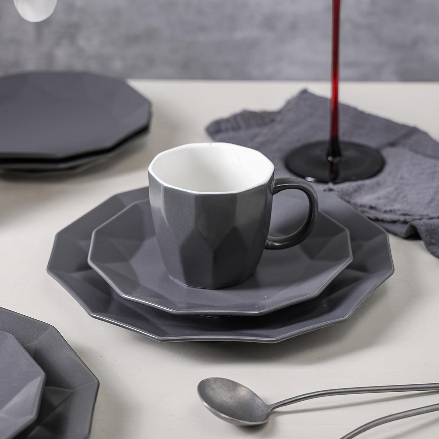Stone + Lain Jamie Porcelain 32-Piece Geometric Dinnerware Set, Grey