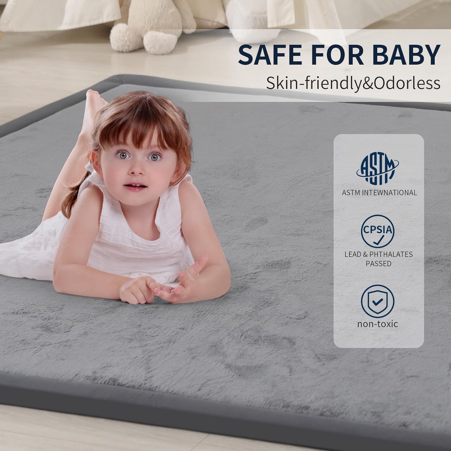 ACOMOPACK Baby Play Mat for Floor 1.3" Thick Memory Foam Play Mat 79"×157" Tummy Time Crawling with Non-Slip Bottom for Living Room,Nursery,Soft Velvet Playpen Mats for Kids,Infants（Dark Grey）