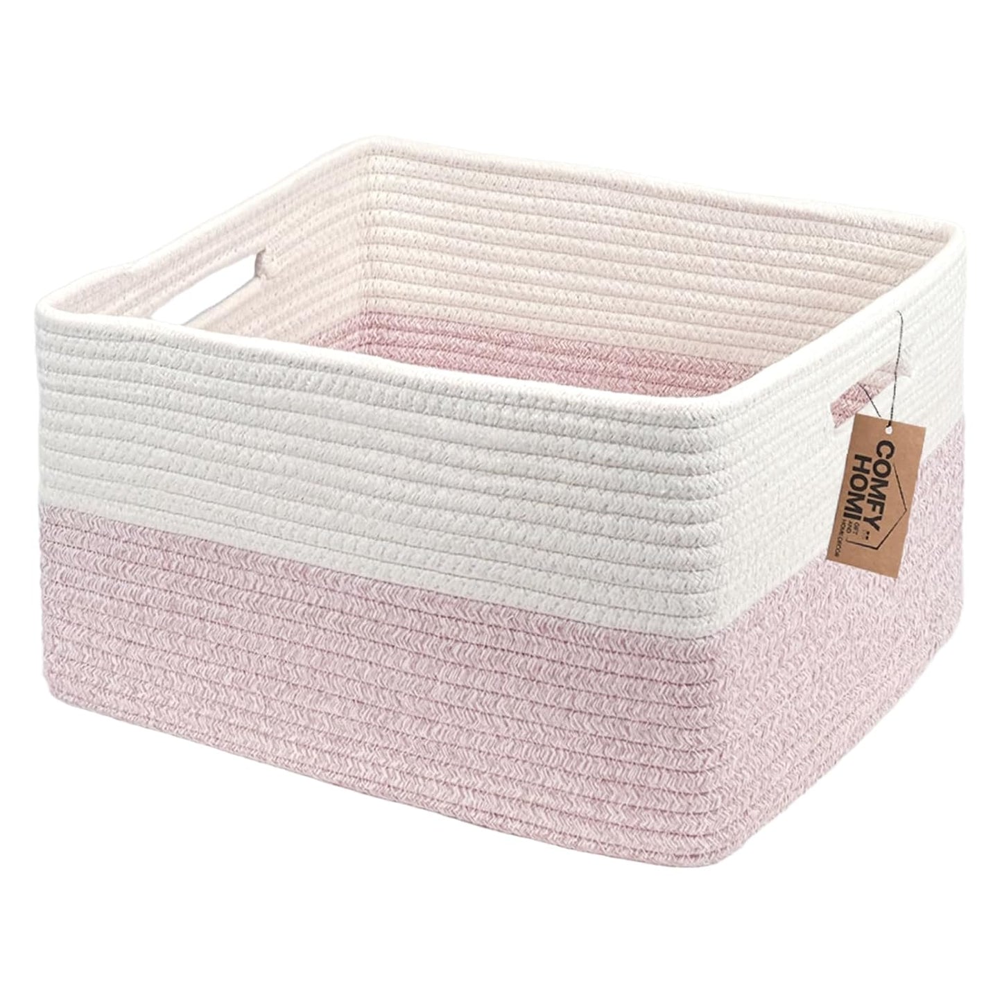COMFY-HOMI Cotton Rope Woven Basket with Handles for Shelves,Toys,Book, Cloth Storage Baskets for Organizing-17" x 13" x 7.5" Toy Decorative Organizer for Living Room, Bathroom （white/pink）