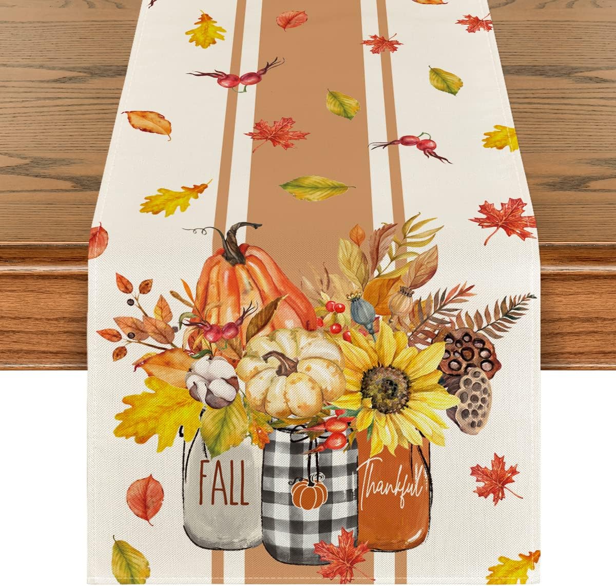 Artoid Mode Thankful Fall Pumpkin Leaves Floral Vases Table Runner, Autumn Thanksgiving Kitchen Dining Table Decoration for Home Party Decor 13x108 Inch