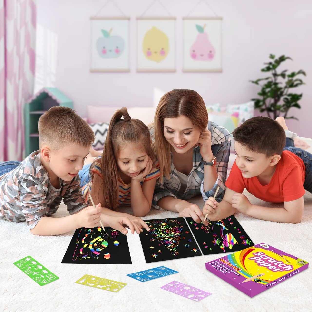 ZMLM Scratch Rainbow Art Paper Set - 100Pcs Magic Scratch Off Art Craft Supplies Kits for Kids Girls Boys Black Scratch Notes Sheet Doodle Pad for Fun DIY Toy Party Favors Christmas Birthday Gift