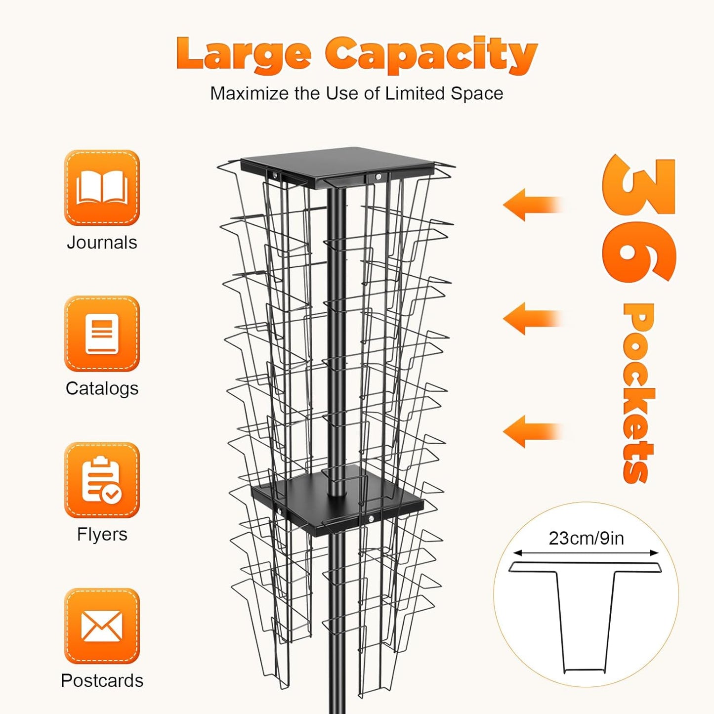 36 Pockets-360° Rotating Magazine Rack, Detachable Floor Standing Comic Books Brochure Display Stands, Pamphlet Literature Spinner Racks for Retail Store, Bookstore, Home