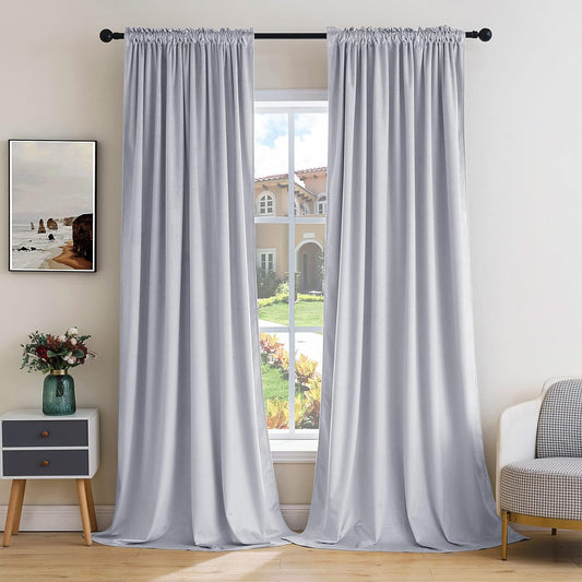 MIULEE Greyish White Velvet Curtains Thermal Insulated Blackout Curtain Drapes for Bedroom Living Room Darkening 72 Inches Long Curtains Panels Rod Pocket Set of 2