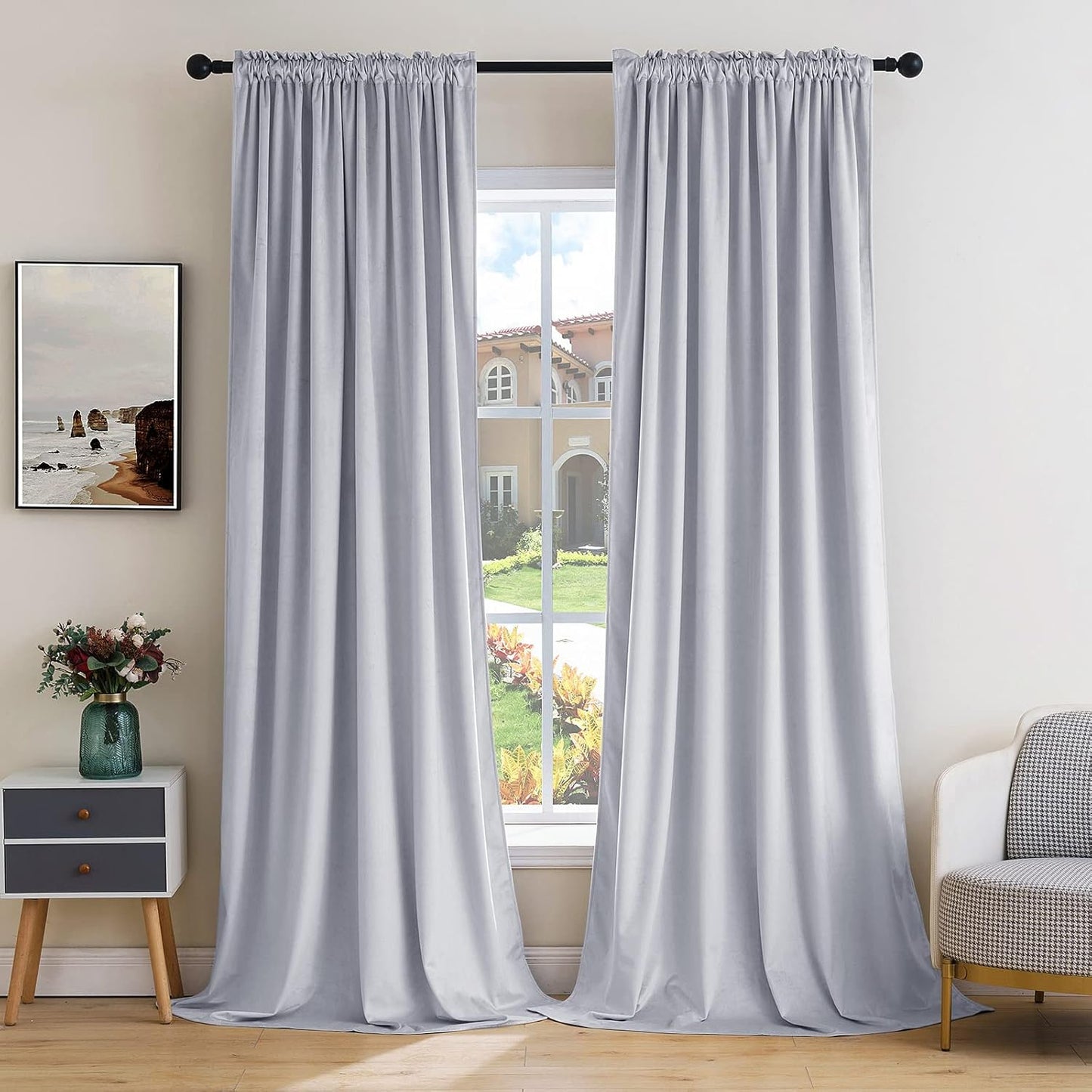 MIULEE Greyish White Velvet Curtains Thermal Insulated Blackout Curtain Drapes for Bedroom Living Room Darkening 90 Inches Long Curtains Panels Rod Pocket Set of 2
