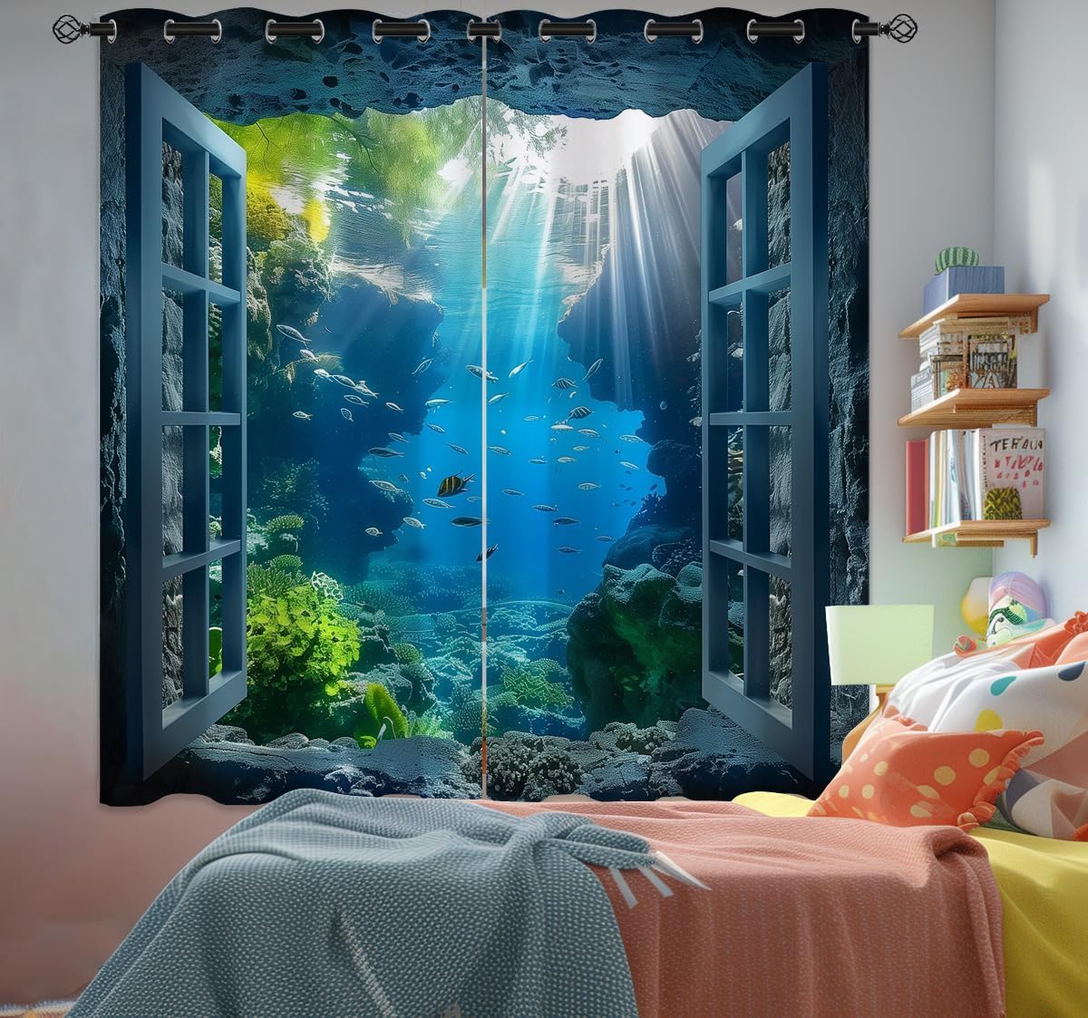 Ocean Fishs Blackout Curtains for Girls Boys Home Decor, Underwater Tropical Fish Undersea Coral Grommet Thermal Insulated Drapes Darkening Window Curtain for Bedroom Living Room, 63 x 63 Inch