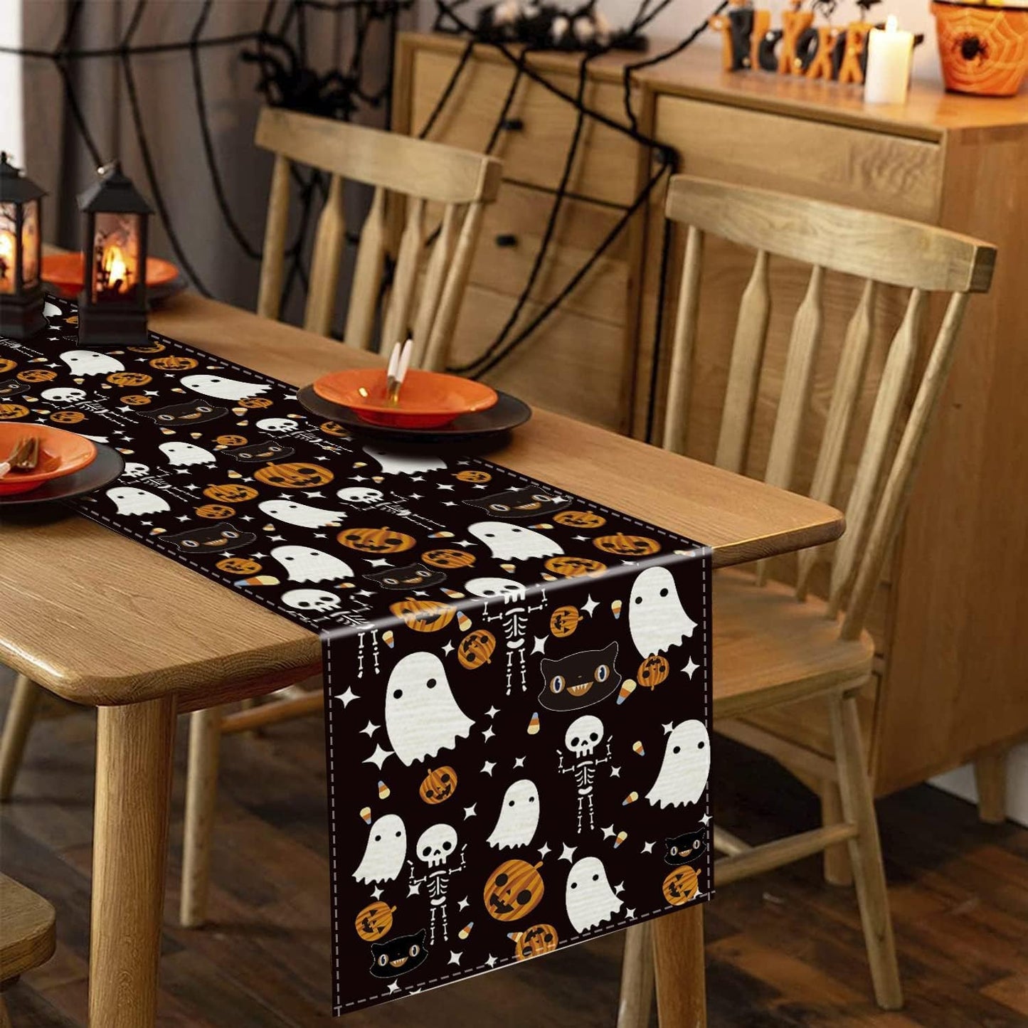 GAGEC Halloween Table Runner Black Cat Pumpkins Seasonal Kitchen Dining Table Home Outdoor Party Decorations (13'' x 60'')