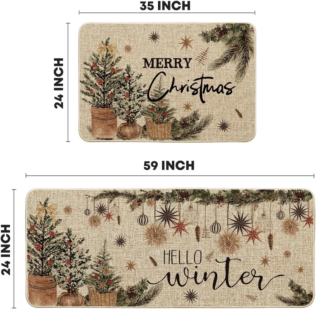 Artoid Mode Holly Ornament Merry Christmas Kitchen Mats Set of 2, Winter Home Decor Low-Profile Kitchen Rugs for Floor - 24x35 and 24x59 Inch