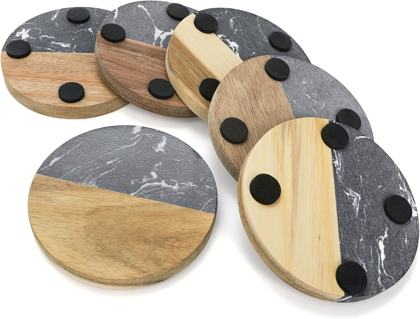 ZENFUN 6 Pc Black Marble Wood Coasters, Round Coaster, Handcrafted Artificial Marble Coasters Set for Your Drinks and Beverages, Tea, Coffee, Wine/Bar Glasses, Tabletop Protection Helper