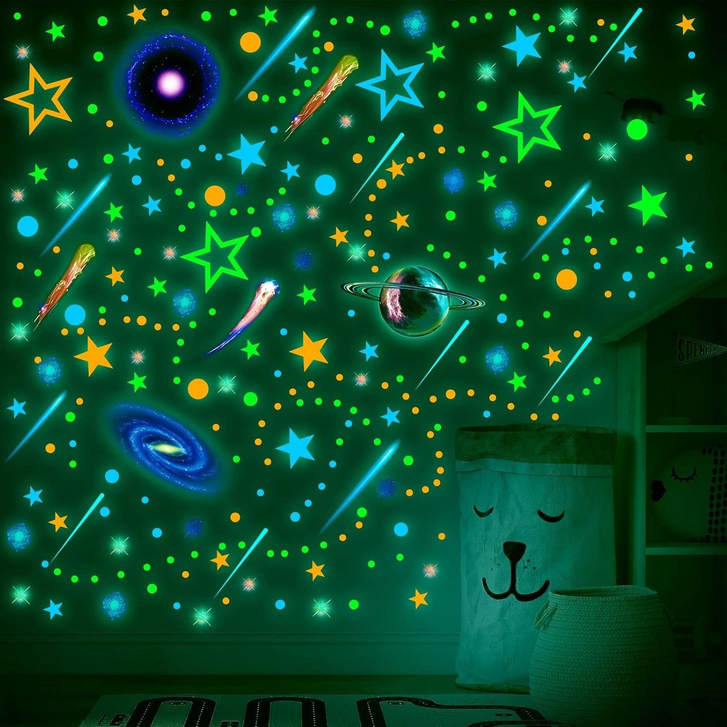 Spakon 495 Pcs Glow in The Dark Moons and Stars Wall Decals for Ceiling,Glowing Planets Wall Stickers Removable Galaxy Solar System Space Decal Nursery Stickers for Kids Bedroom Living Room Decor