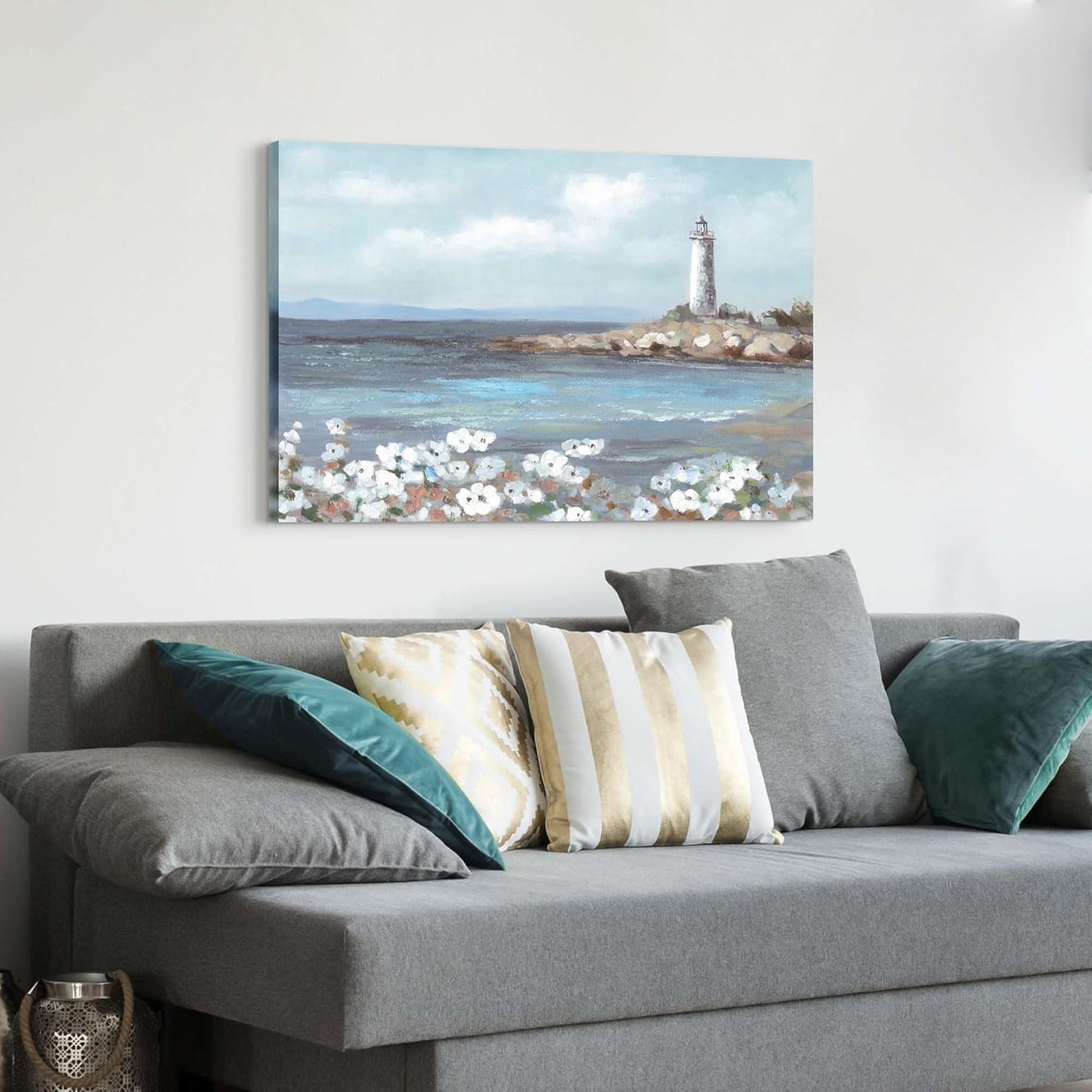 cozy country Lighthouse Wall Art 45"x30" - Coastal Pictures Beach Canvas Ocean Decor - Nautical Artwork Seascape Hand Painting for Living Room, Bedroom, Sea House