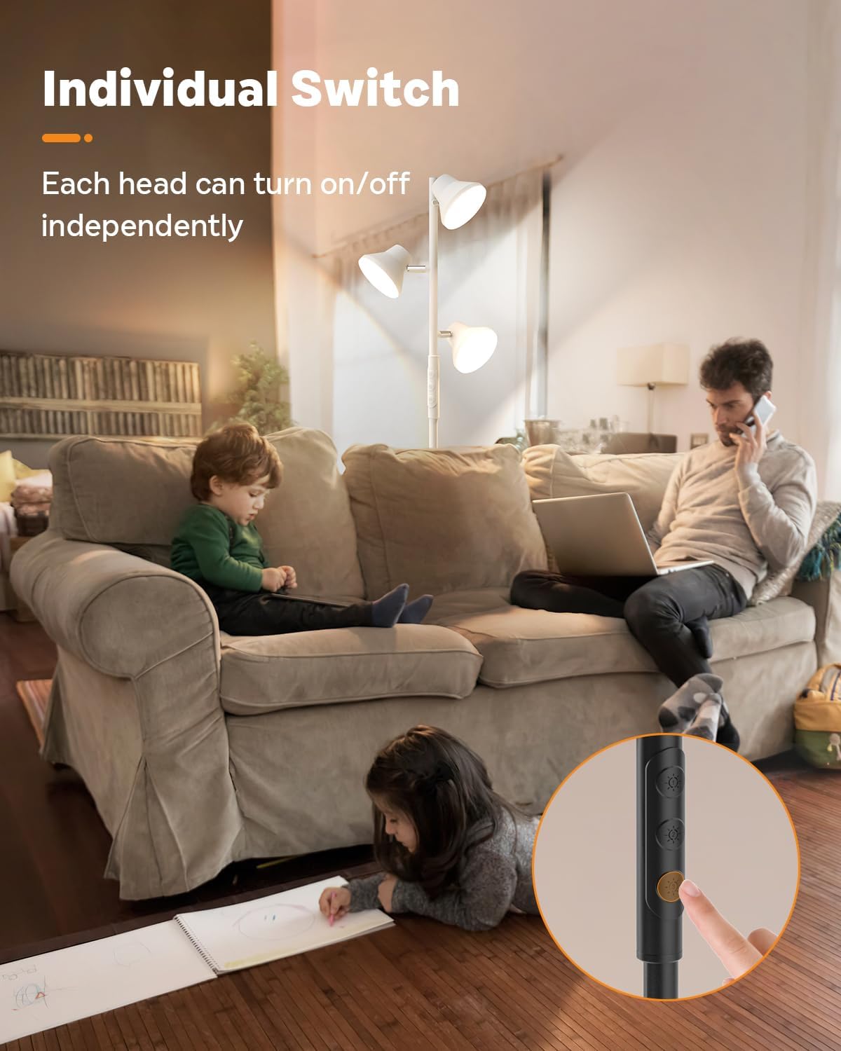 White Floor Lamp, 36W Modern Dimmable Standing Lamp 2700-6500K, 3 Rotatable LED Lights Reading Tall Lamp, Touch & Remote Control Floor Lamps for Living Room Bedroom Office